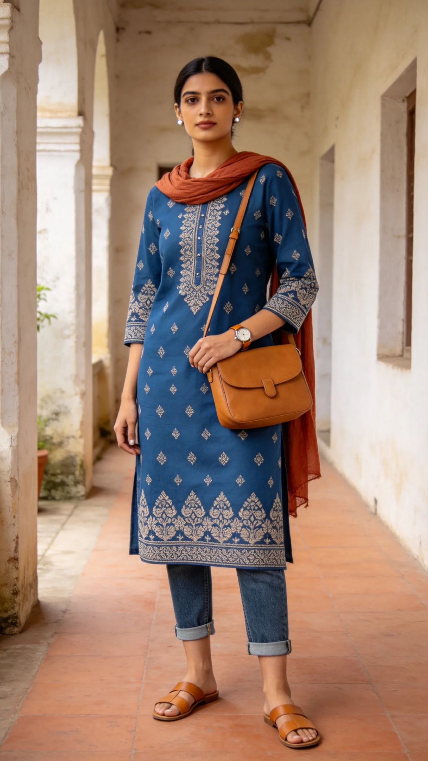 8. Indigo Printed Kurti With Cropped Jeans and Tan Accessories