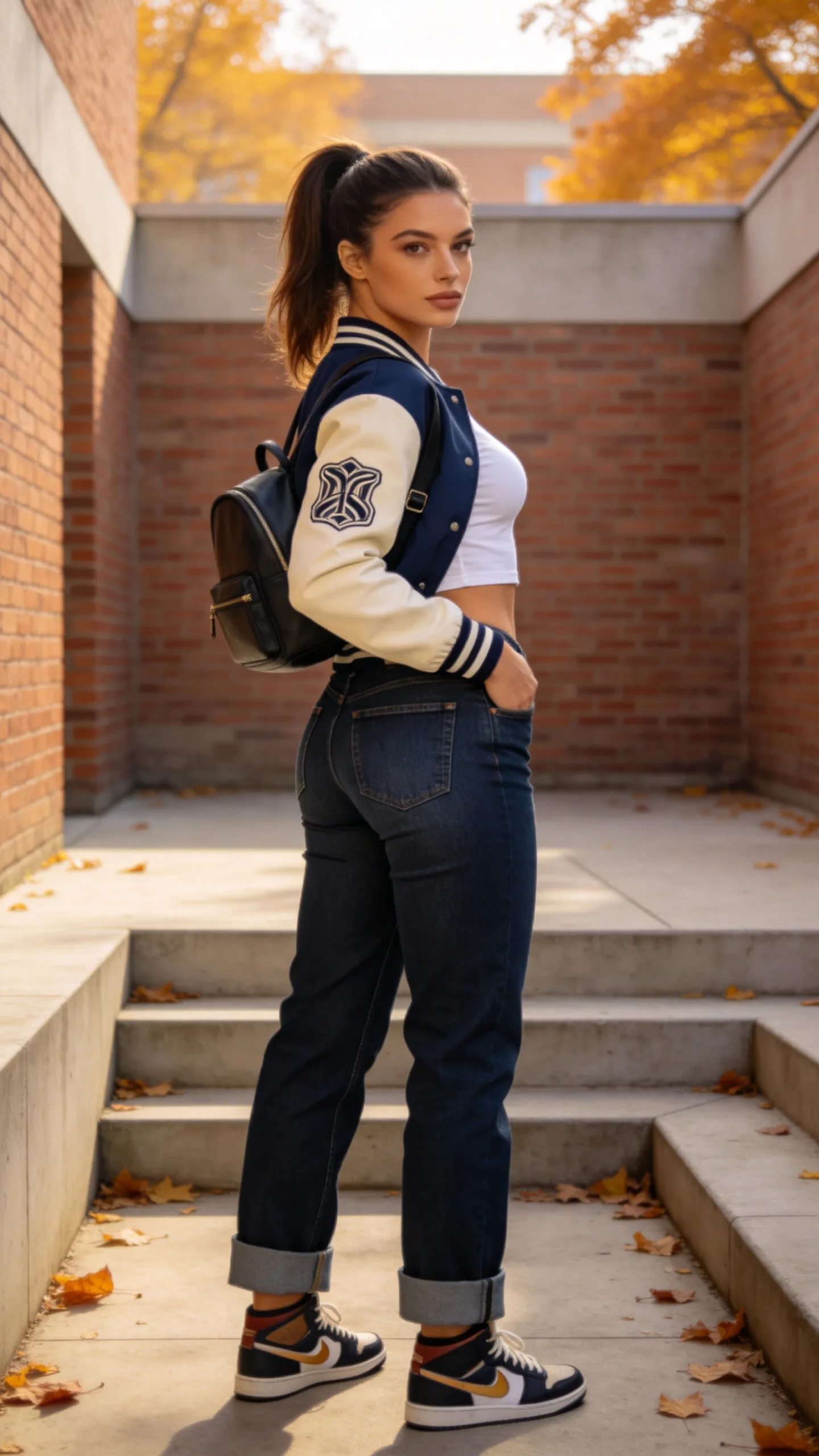 8. Indigo Stacked Jeans With a Varsity Jacket