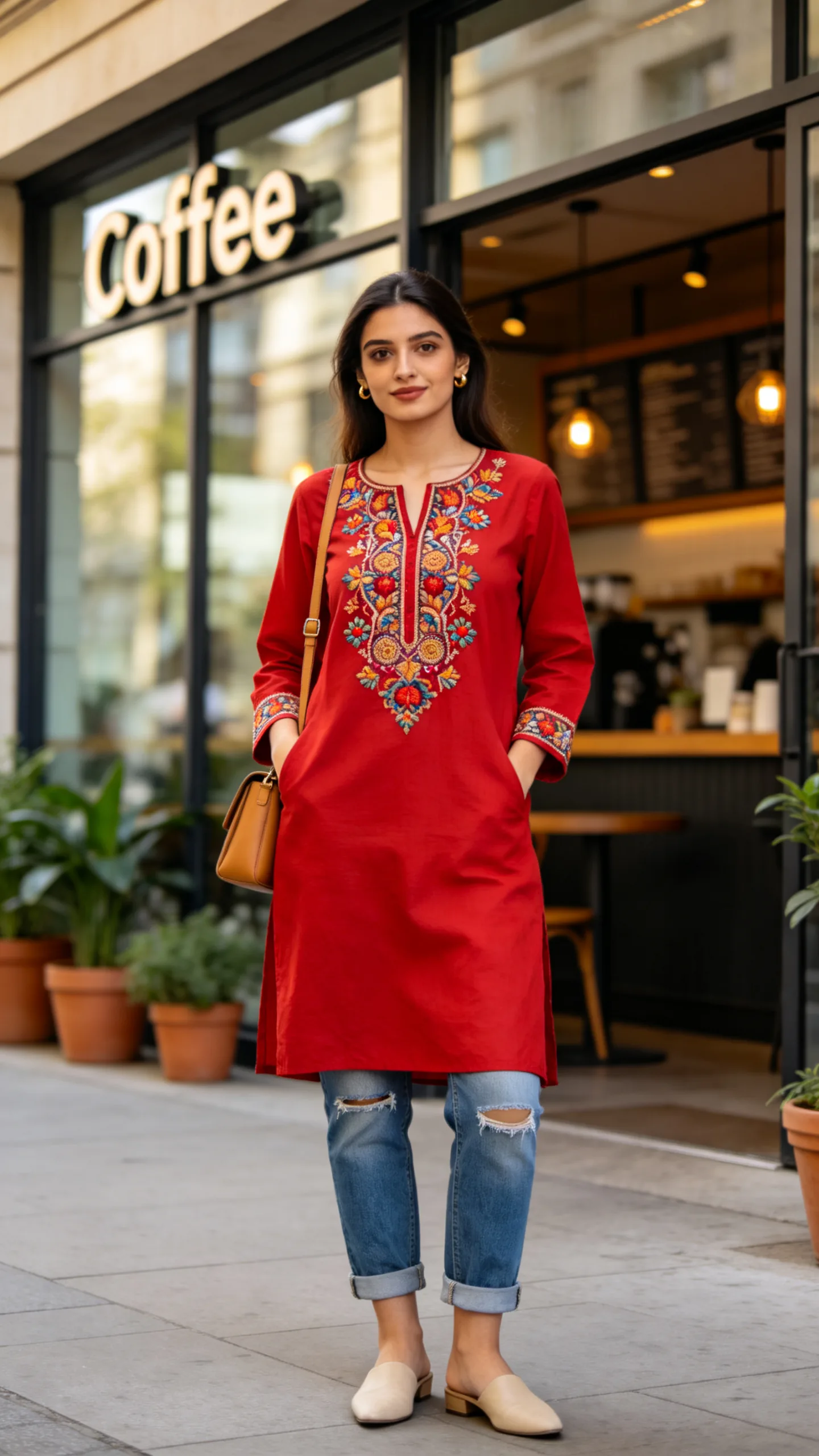 8. Red Embroidered Kurti With Distressed Jeans
