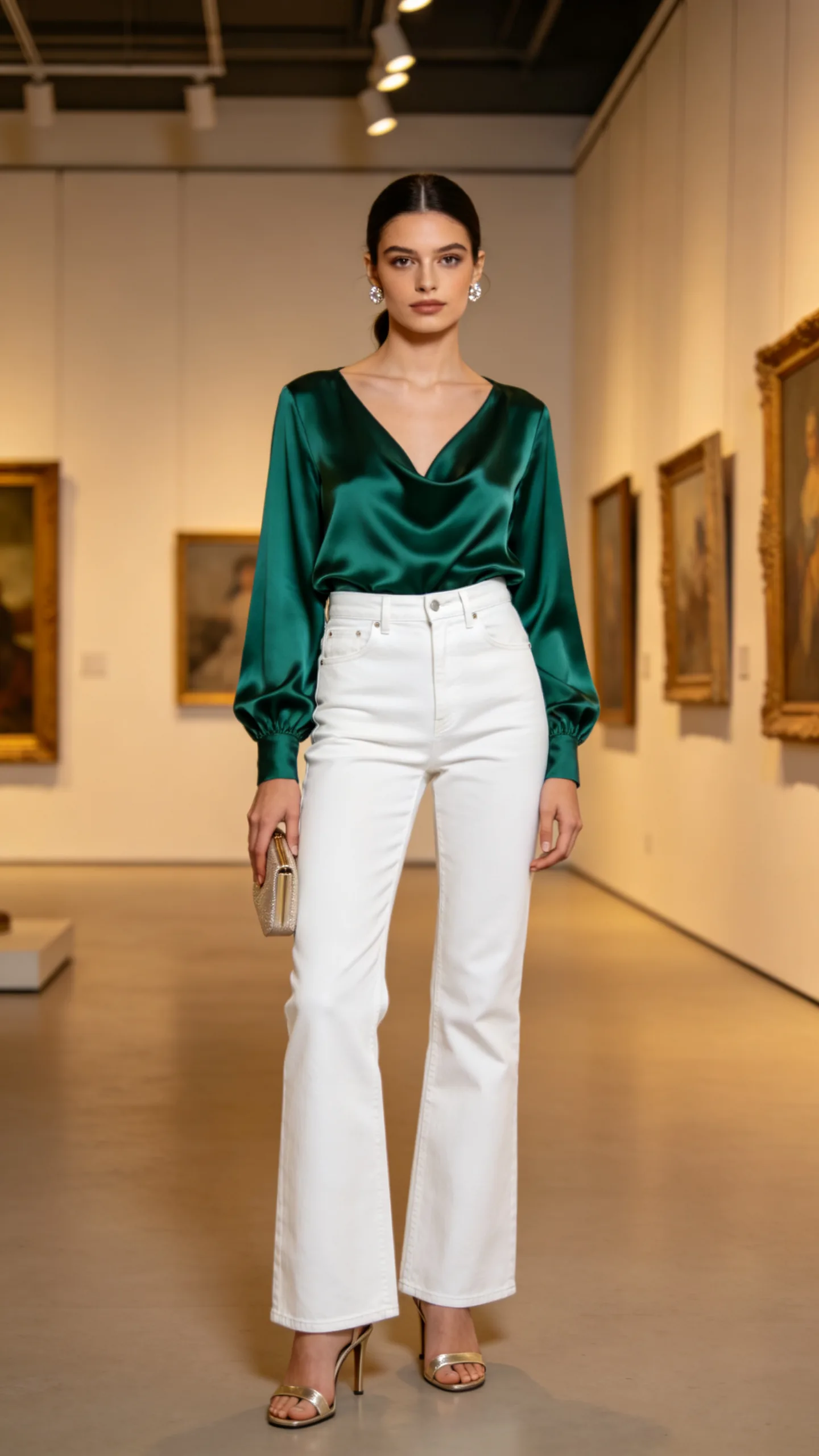 8. White Wide-Leg Jeans With a Satin Blouse