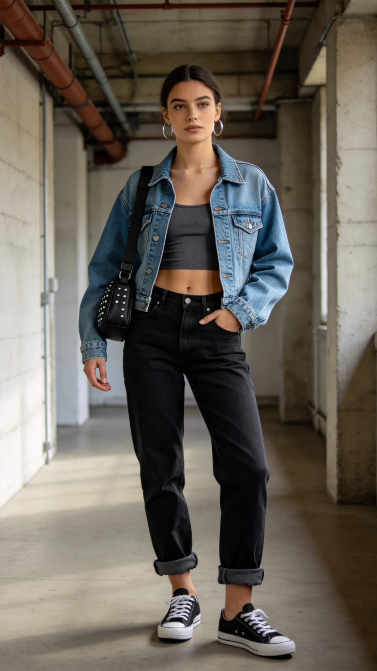 9. Black Stacked Jeans With a Denim Trucker Jacket