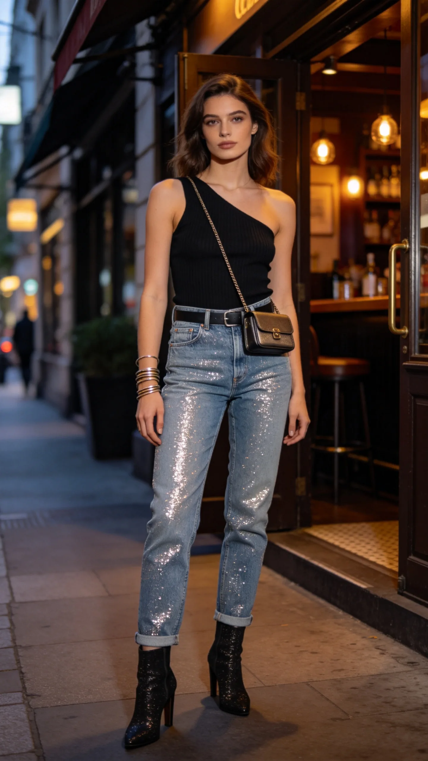 9. Glitter Mom Jeans With a One-Shoulder Top