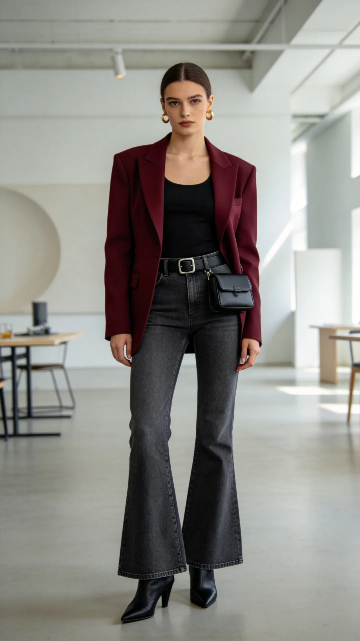 9. Gray Bell Bottom Jeans With a Burgundy Blazer