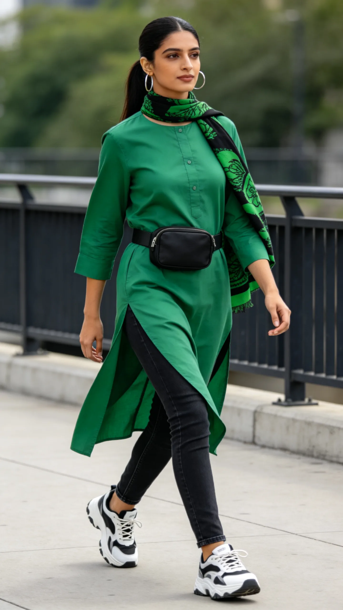 9. Green Slit Kurti With Black Jeans and Chunky Sneakers
