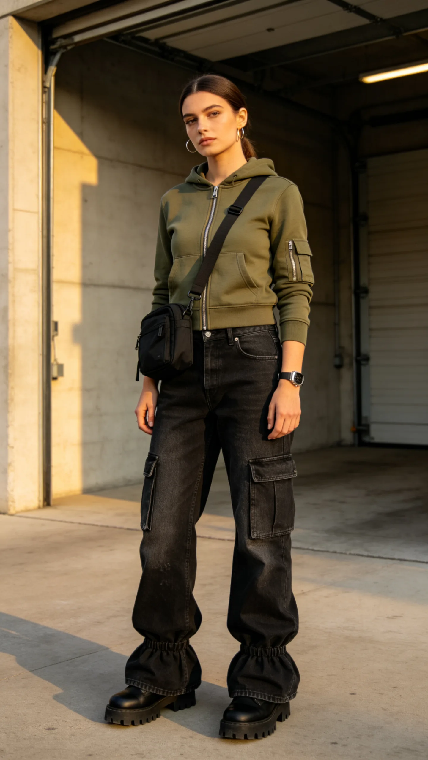 10. Cargo-Detail Stacked Jeans With a Fitted Hoodie