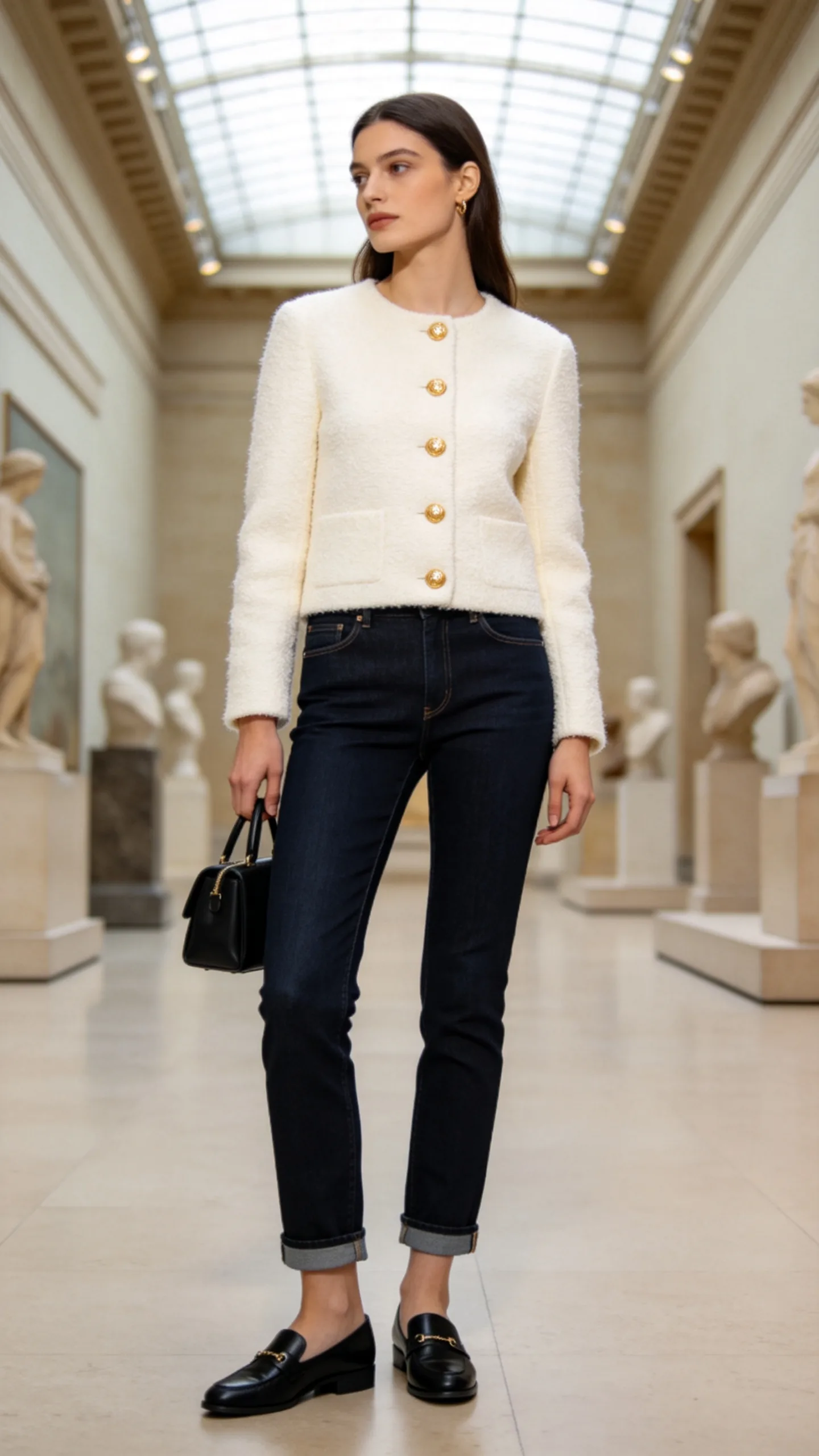 10. Dark Jeans With a Bouclé Cardigan