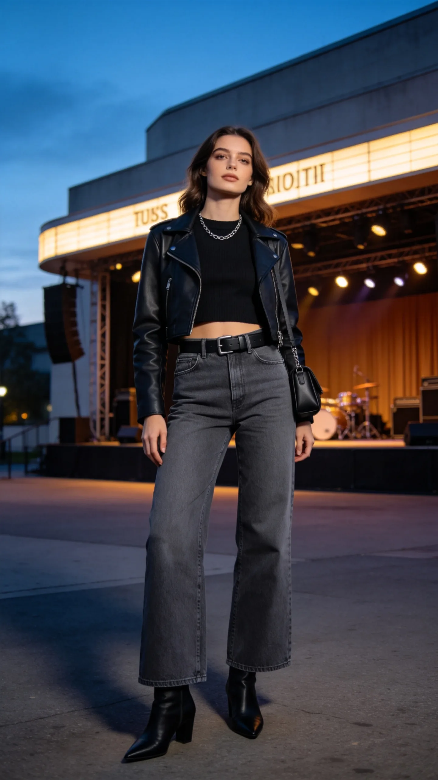 10. Gray Wide Leg Jeans With a Black Sweater and Leather Jacket