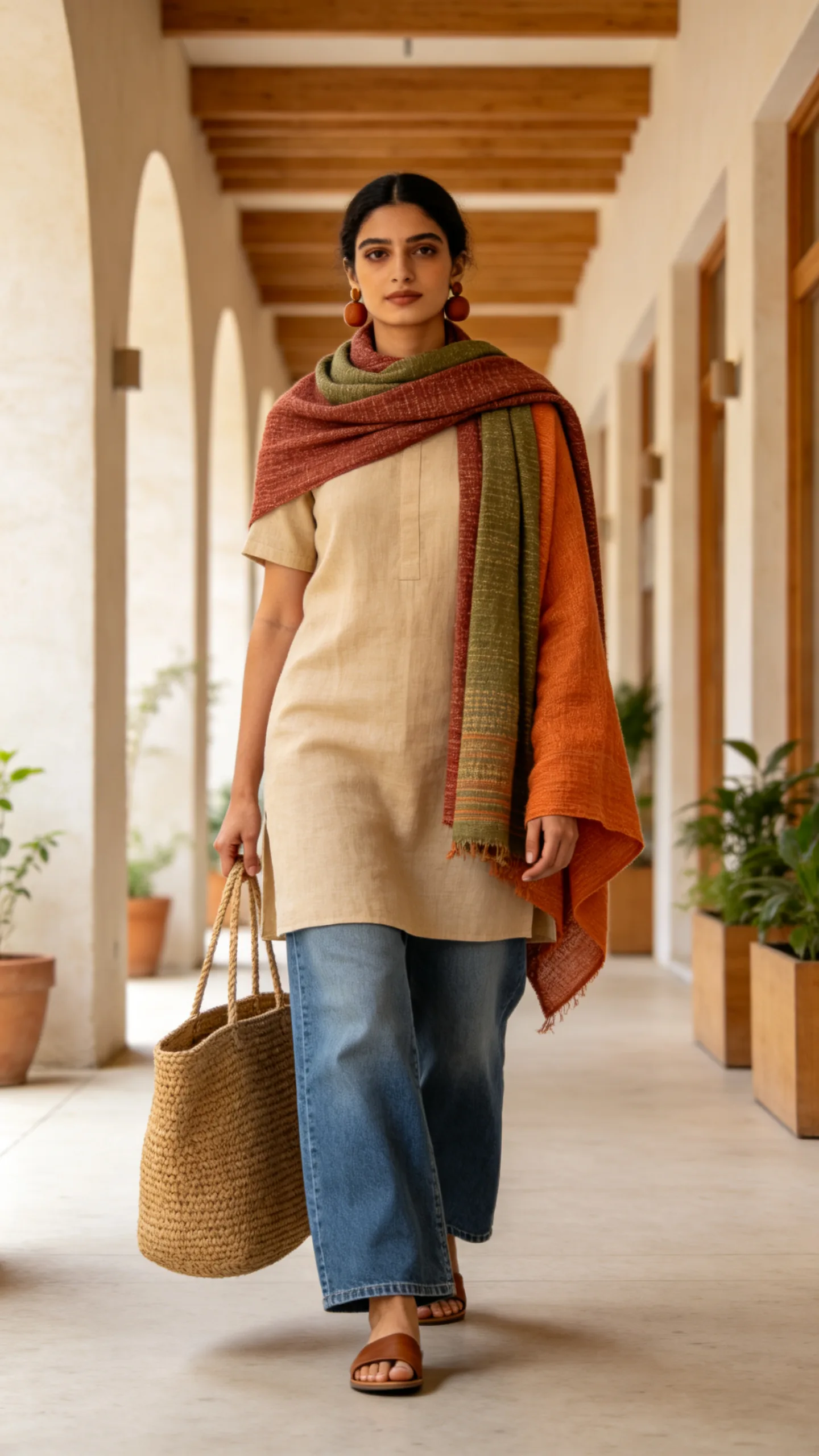 11. Beige Linen Kurti With Wide-Leg Jeans and a Woven Tote