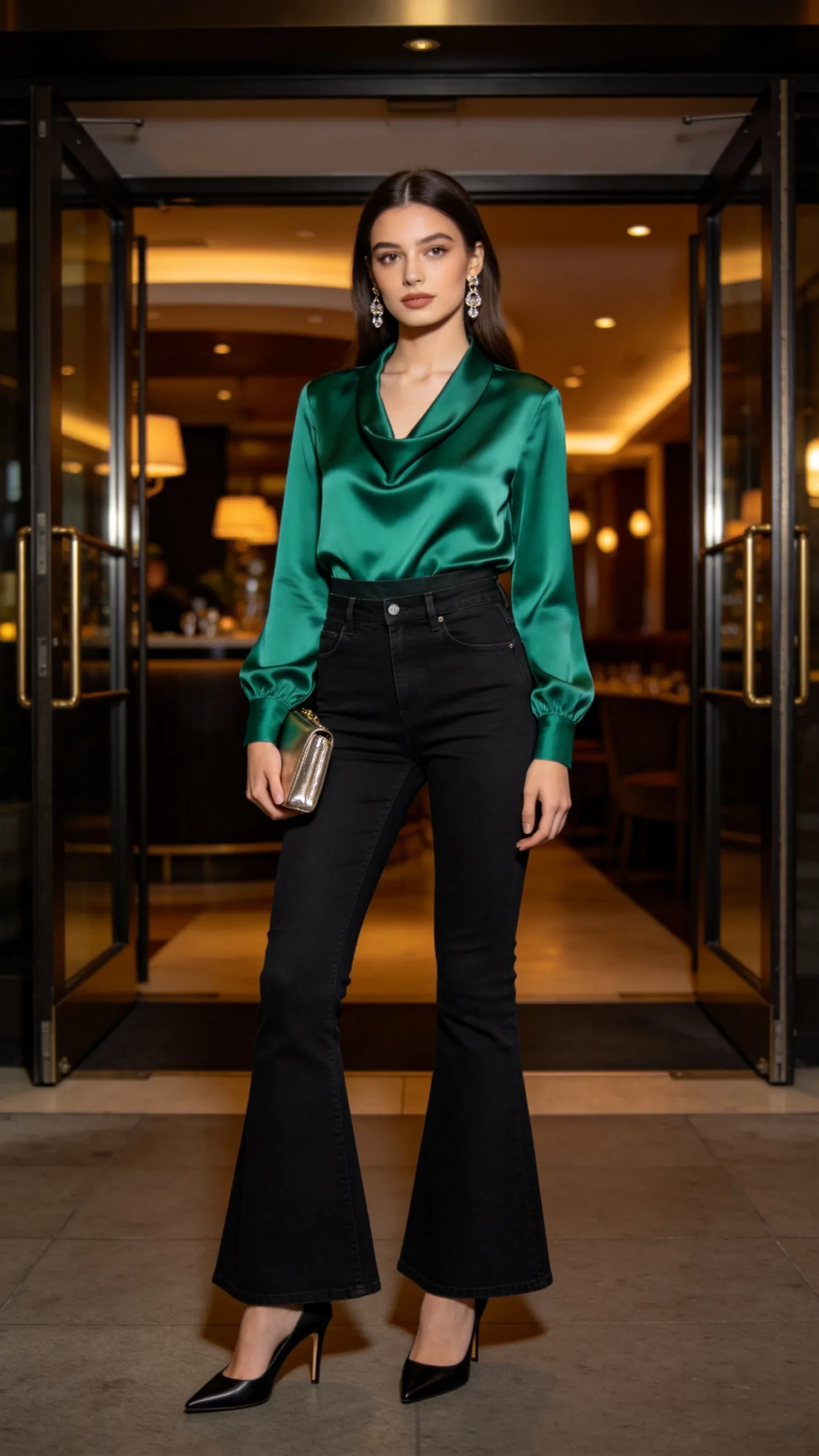 11. Black Flares With a Satin Blouse and Heeled Boots