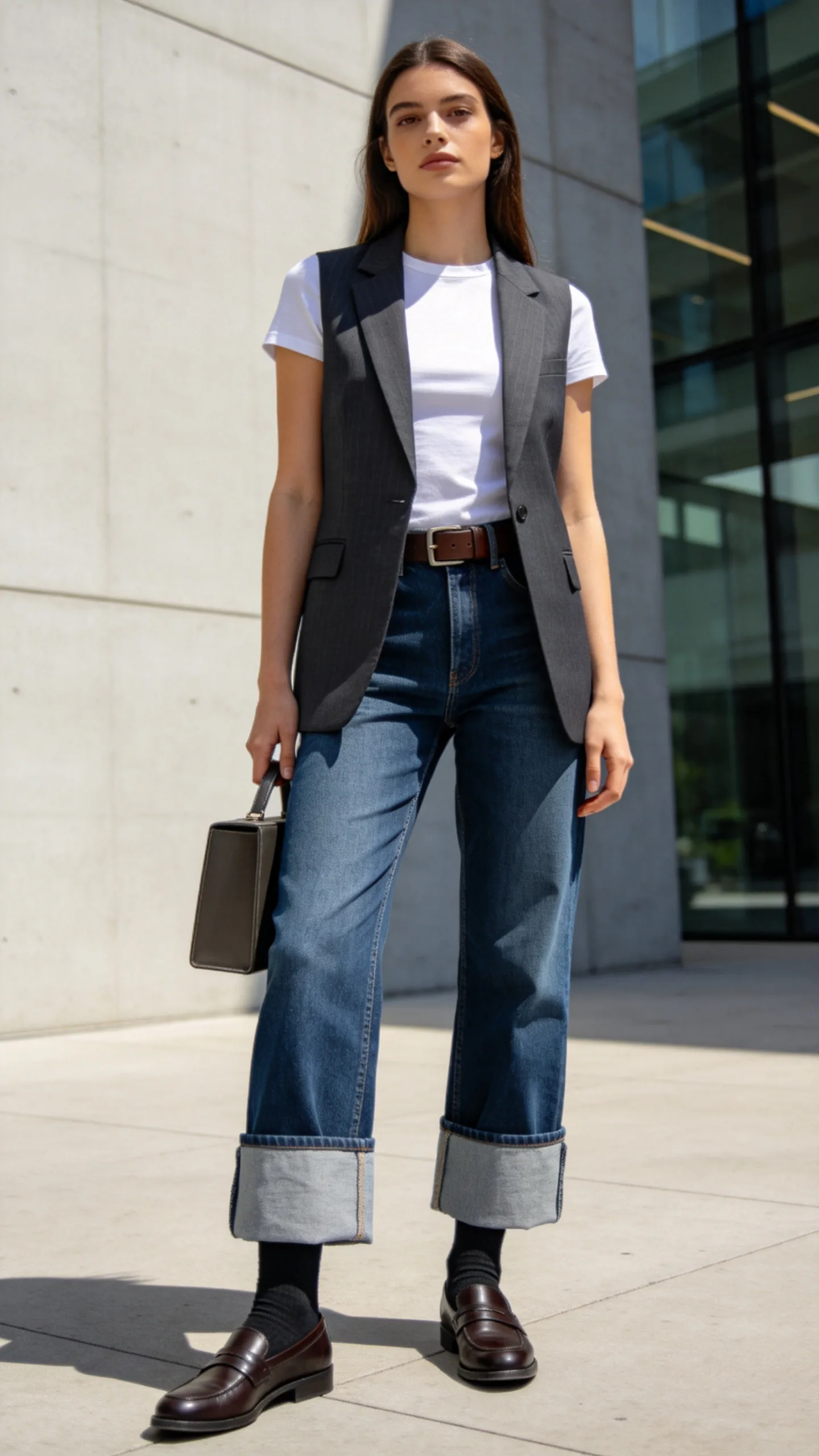 11. Cuffed Jeans With Loafers and a Vest