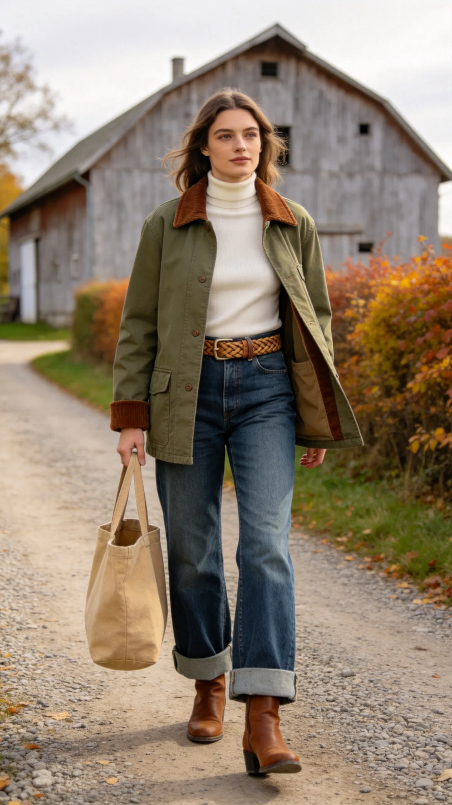 11. Cuffed Wide Leg Jeans With a Turtleneck and Barn Jacket