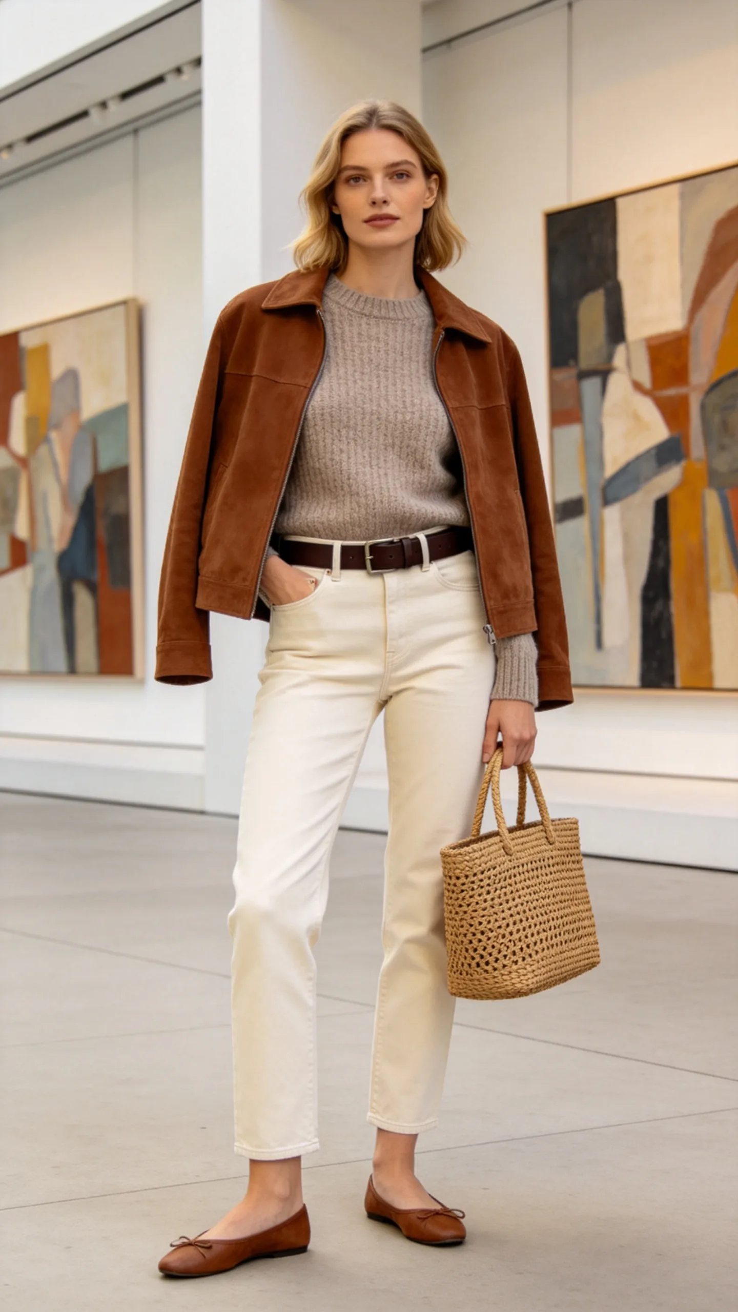 11. Ecru Jeans With a Chocolate Brown Jacket and Ballet Flats