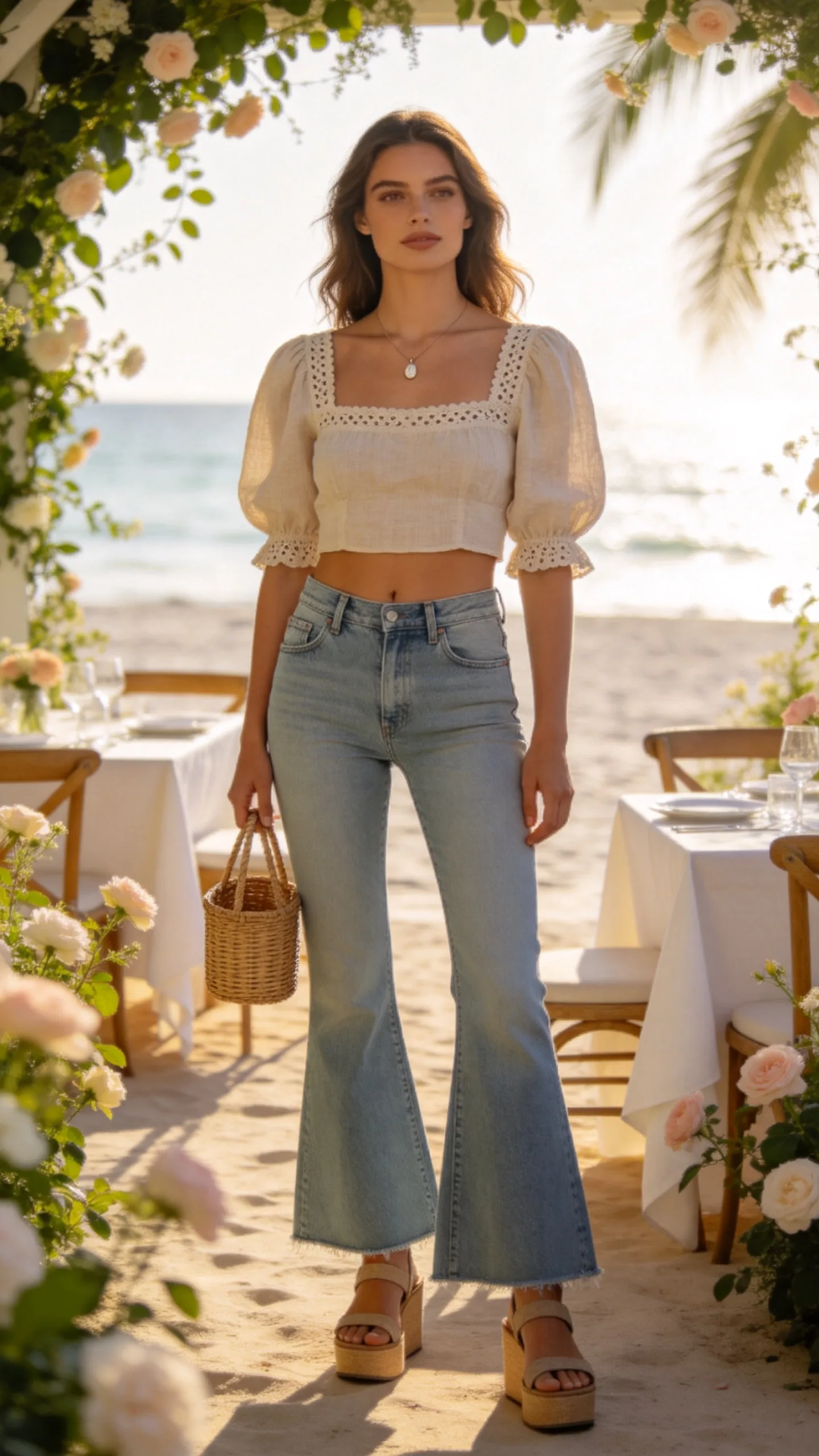 11. Flared Jeans With a Cropped Linen Blouse