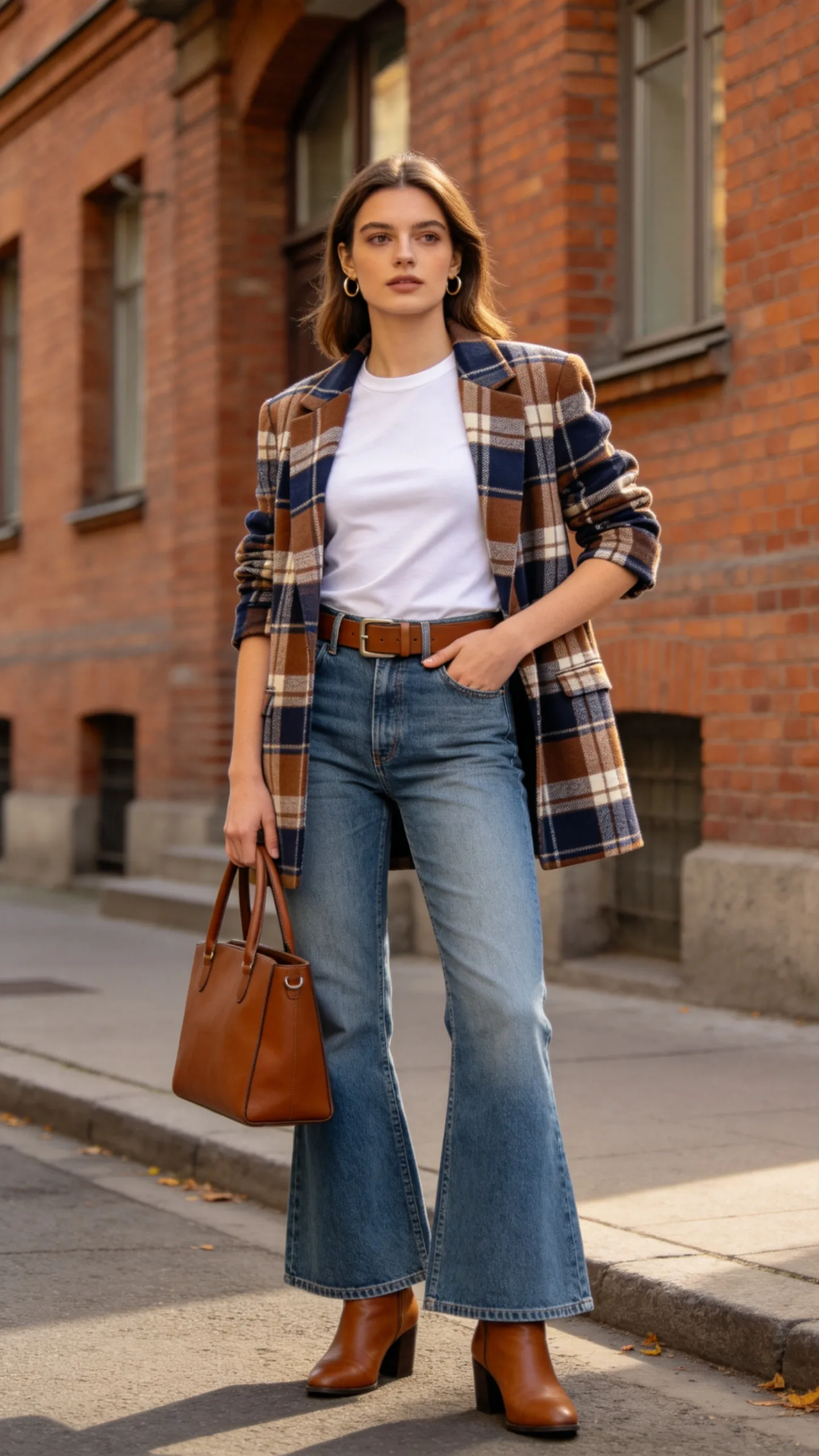 12. Mid-Wash Bell Bottoms With a Plaid Blazer
