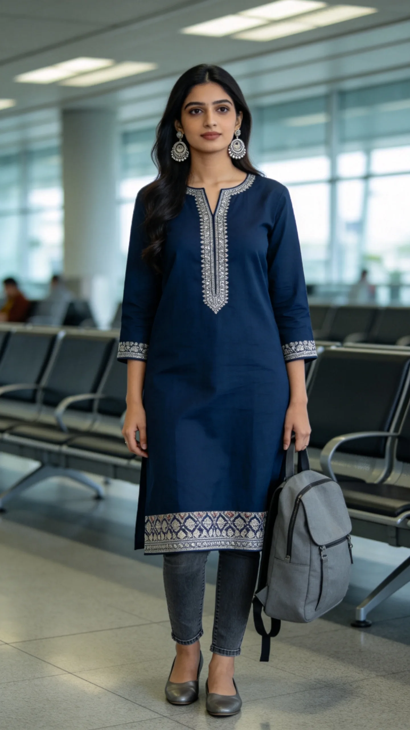 12. Navy Kurti With Grey Jeans and Silver Jewelry