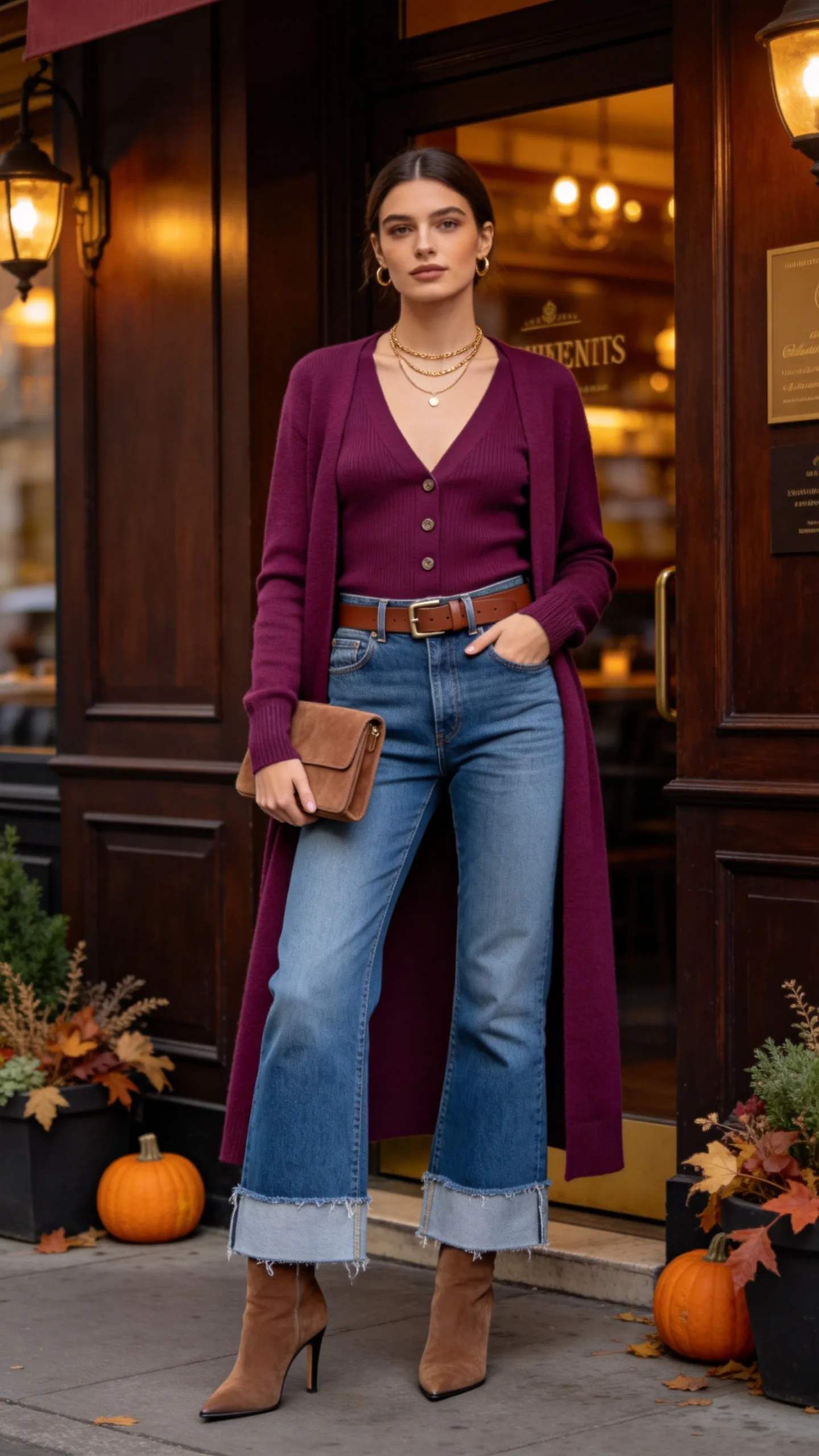 12. Raw-Hem Jeans With a V-Neck Cardigan and Heeled Boots