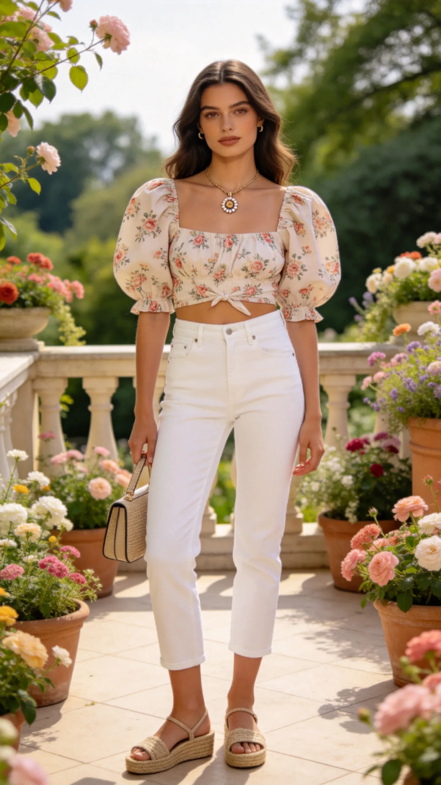 12. White Cropped Jeans With a Puff-Sleeve Blouse