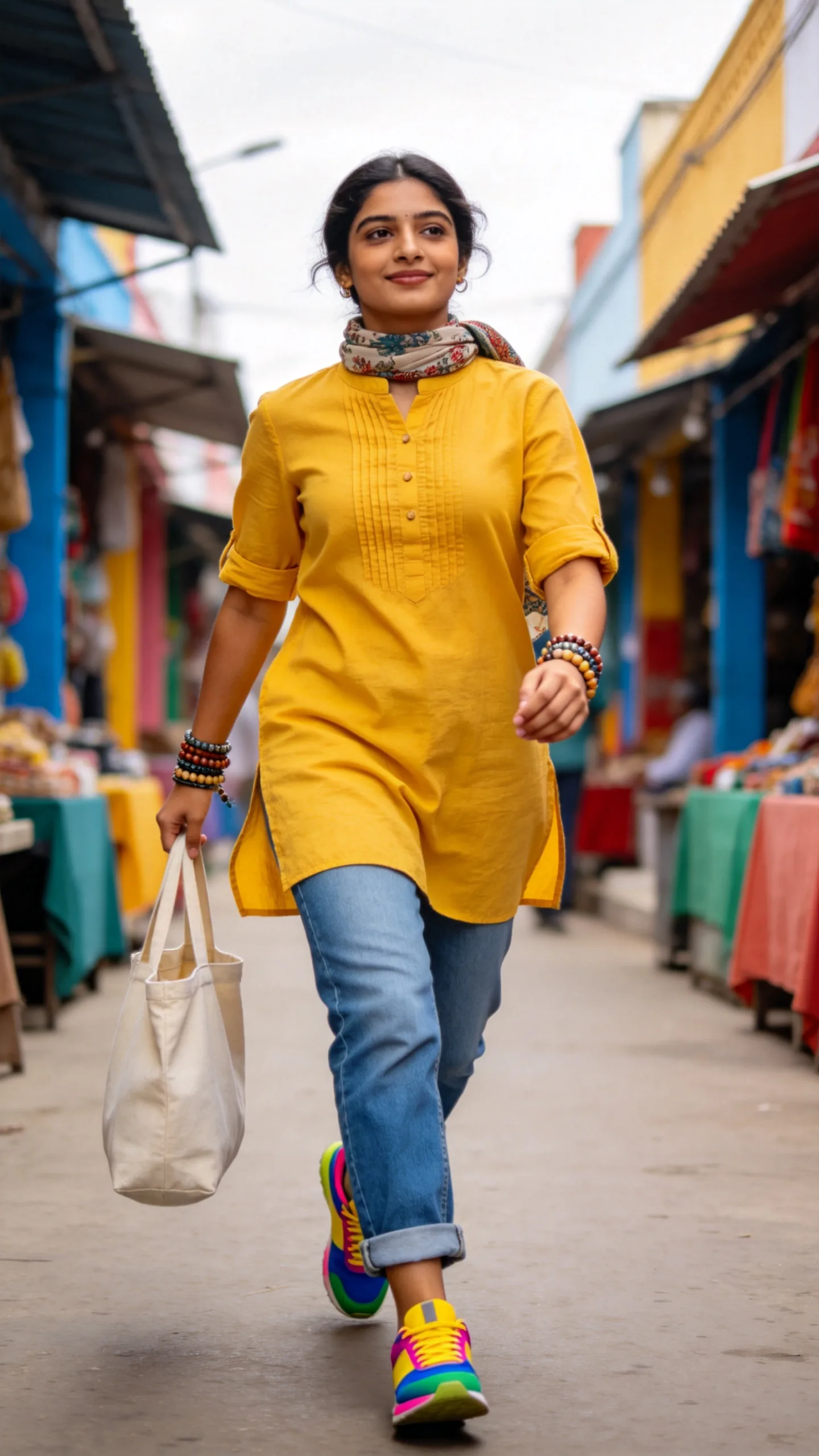 12. Yellow Kurti With Boyfriend Jeans and Colorful Sneakers