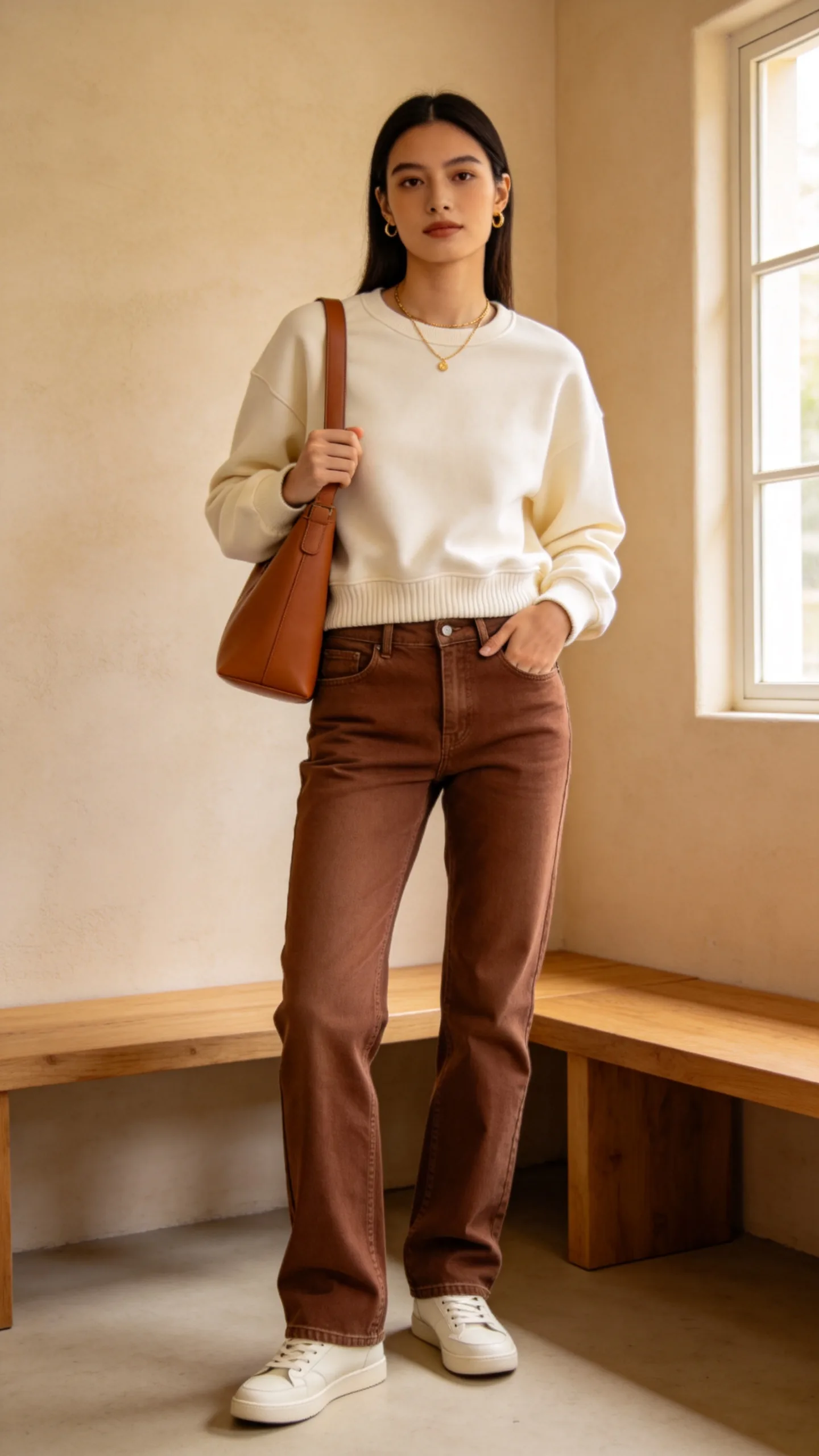 13. Brown Stacked Jeans With a Cream Sweatshirt