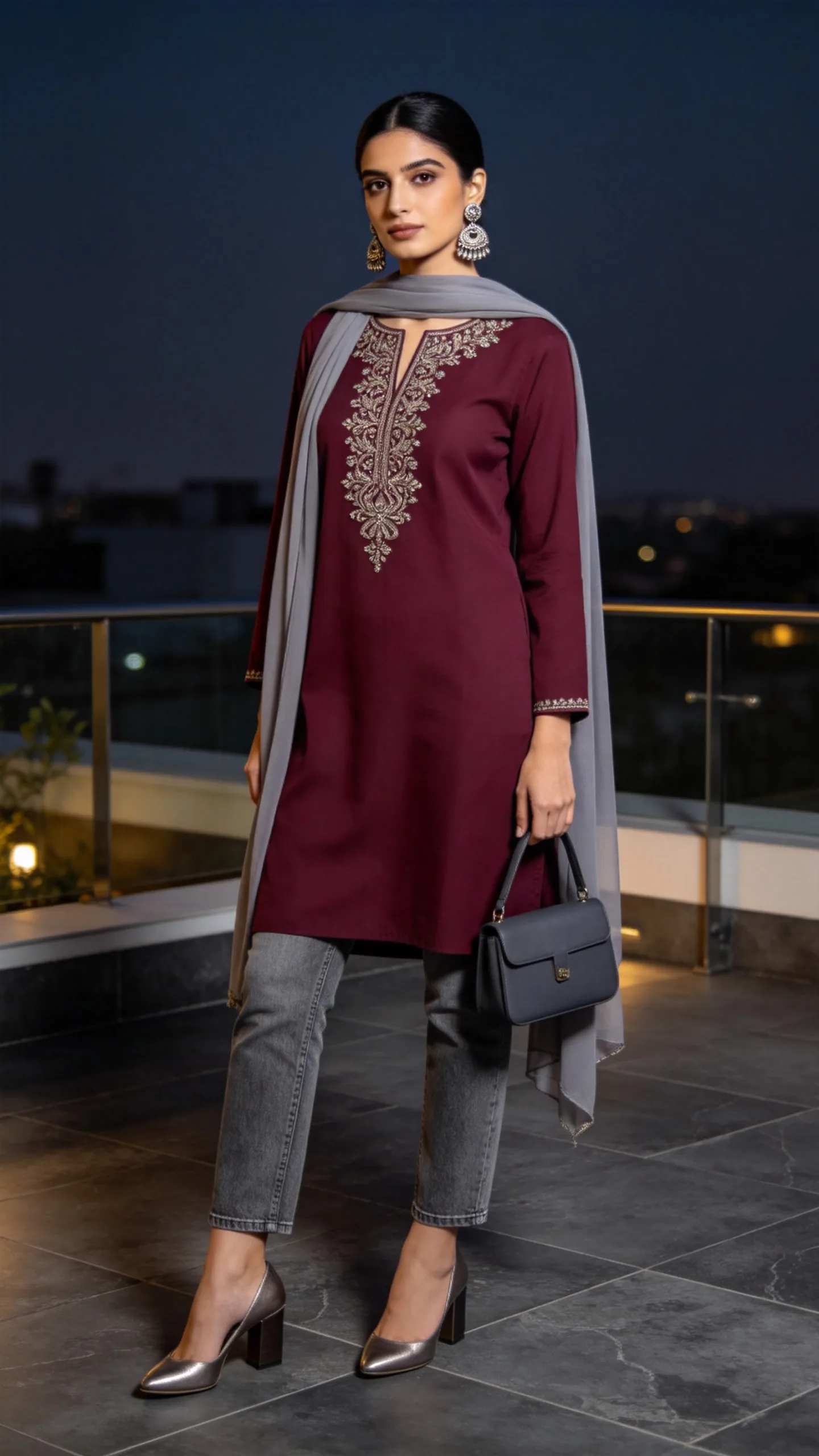13. Maroon Embroidered Kurti With Grey Jeans and Block Heels