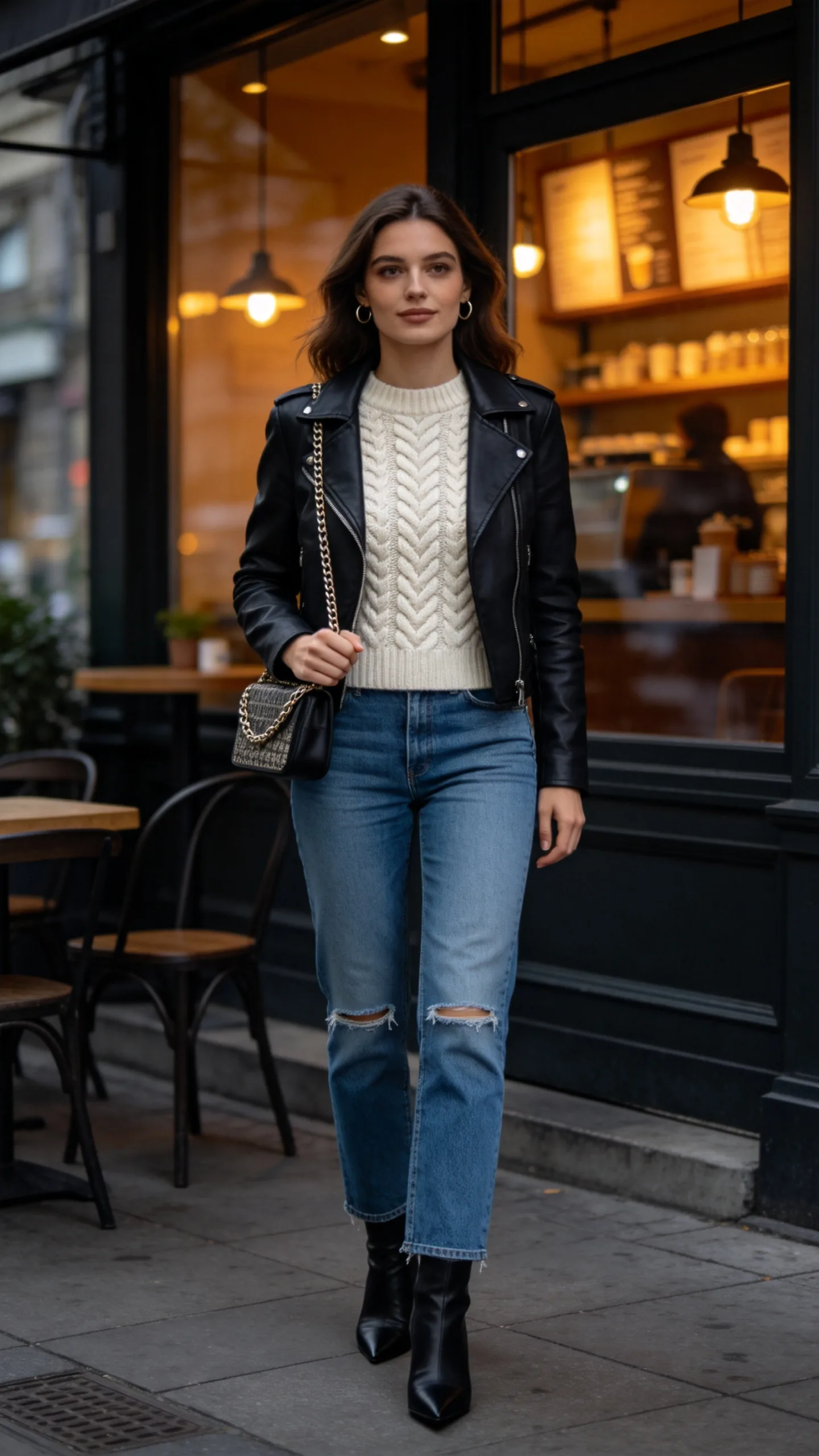 13. Ripped Jeans With a Cable-Knit Sweater and Moto Jacket