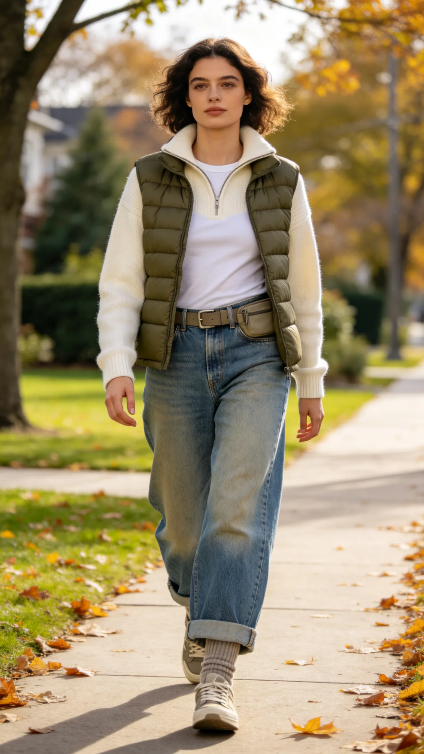 13. Vintage-Wash Jeans With a Quarter-Zip Sweater and Puffer Vest