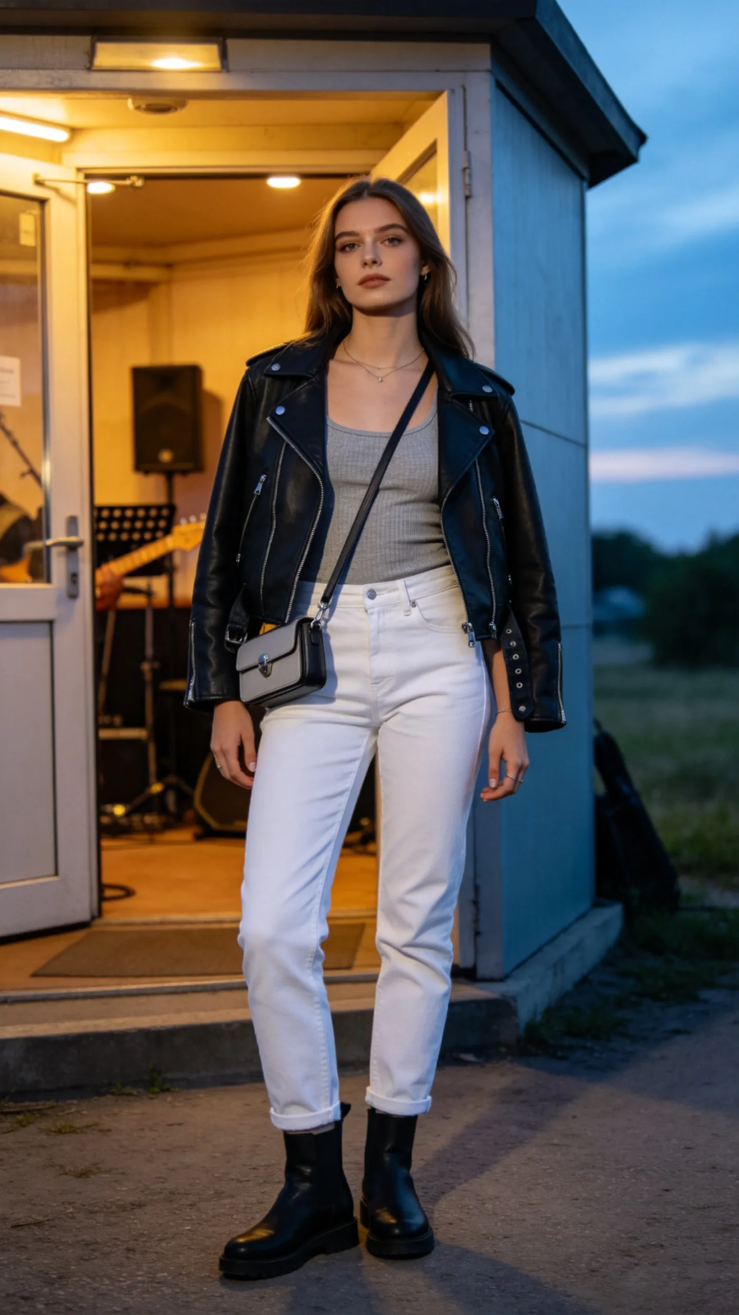 13. White Jeans With a Leather Moto Jacket