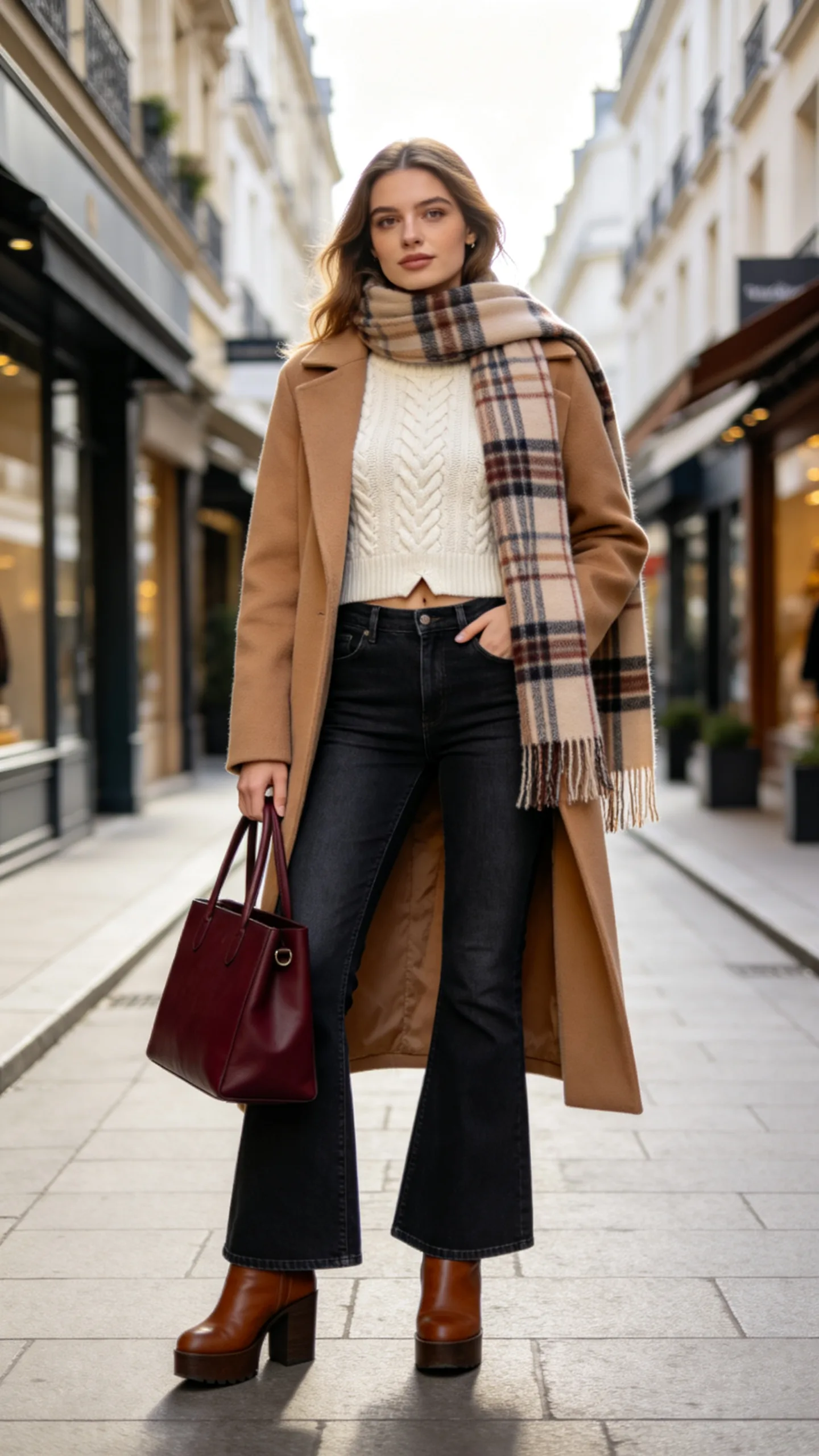 14. Dark Flares With a Cream Cable-Knit Sweater
