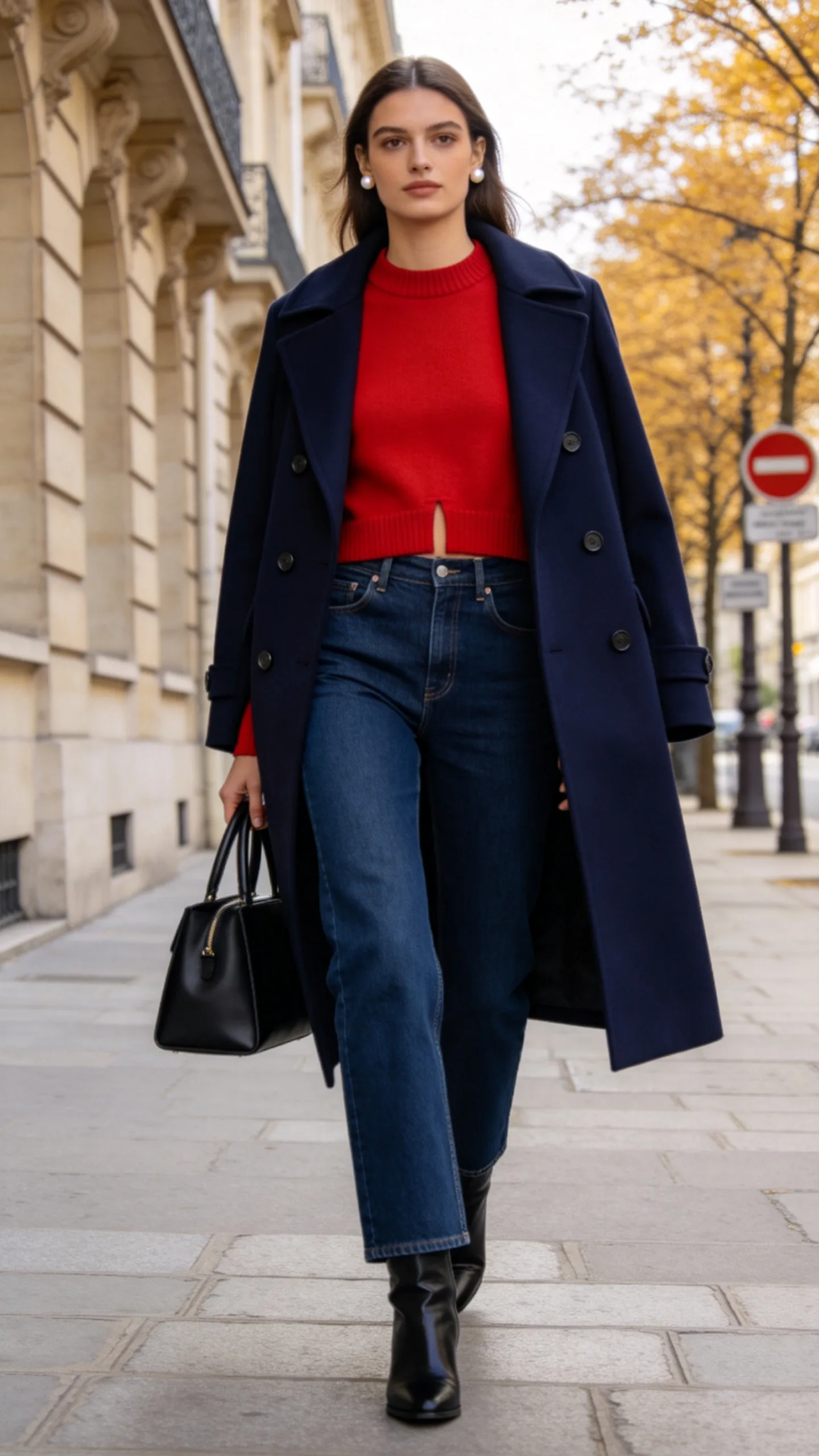 14. Deep-Blue Jeans With a Red Sweater and Peacoat