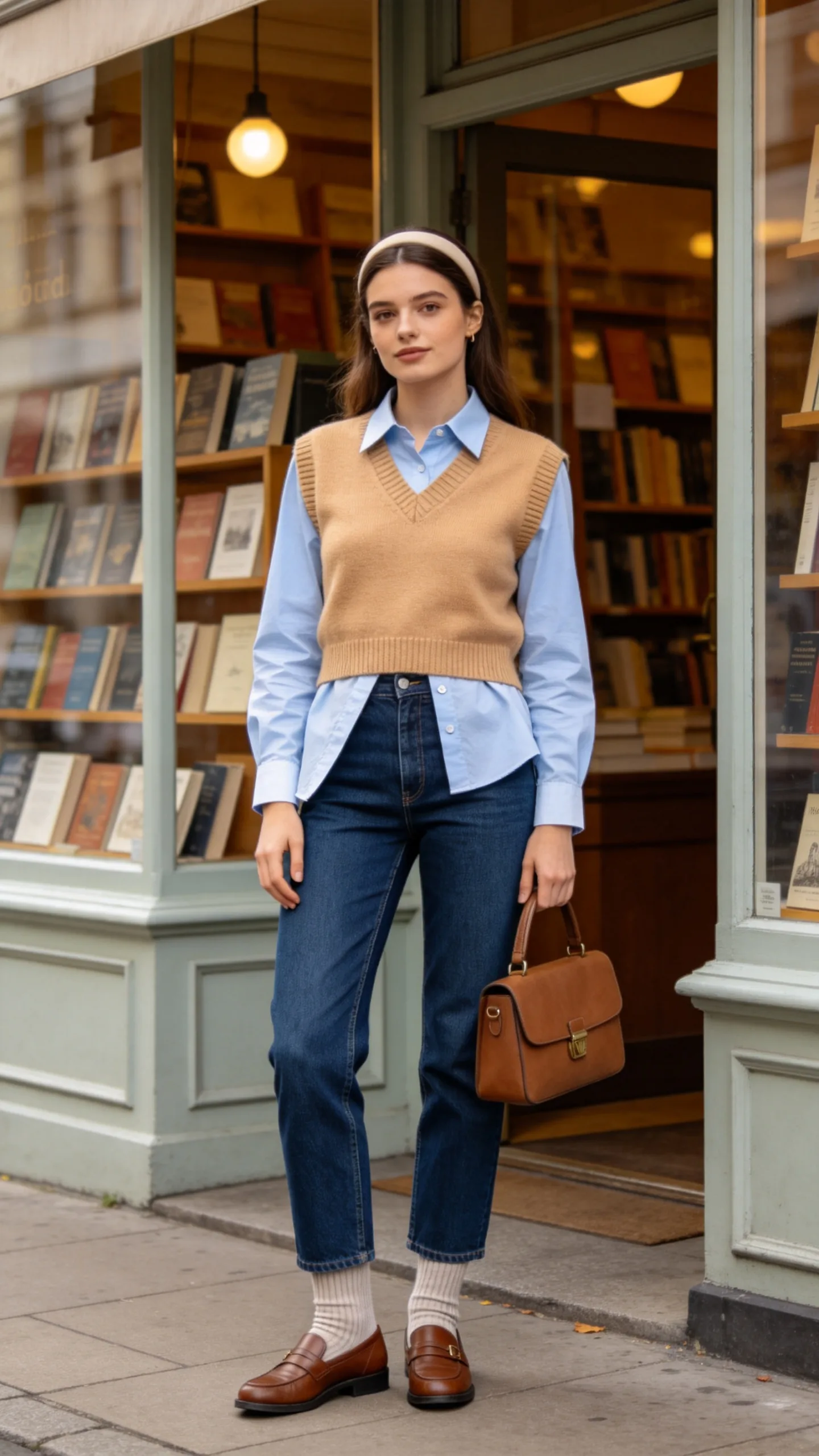 14. High-Rise Jeans With a Sweater Vest and Button-Down Shirt