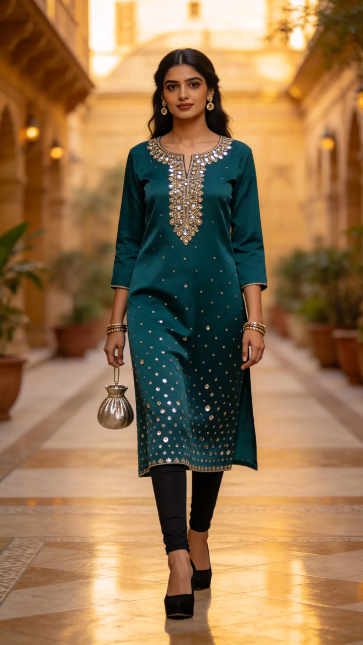 14. Mirror-Work Kurti With Black Skinny Jeans