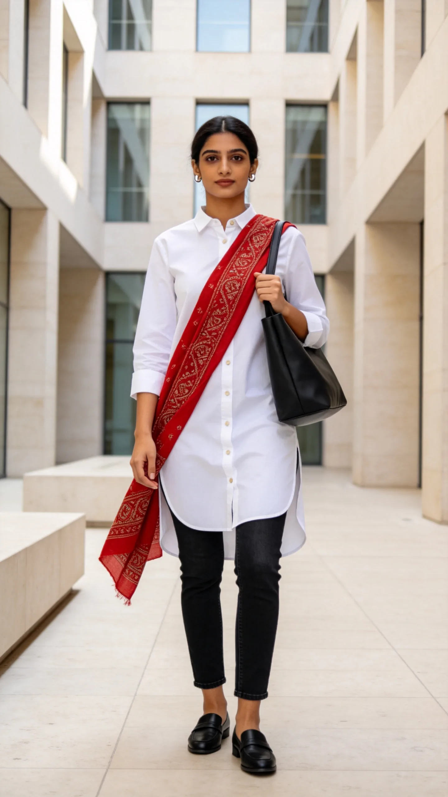 14. White Shirt-Style Kurti With Black Jeans and a Bandhani Dupatta