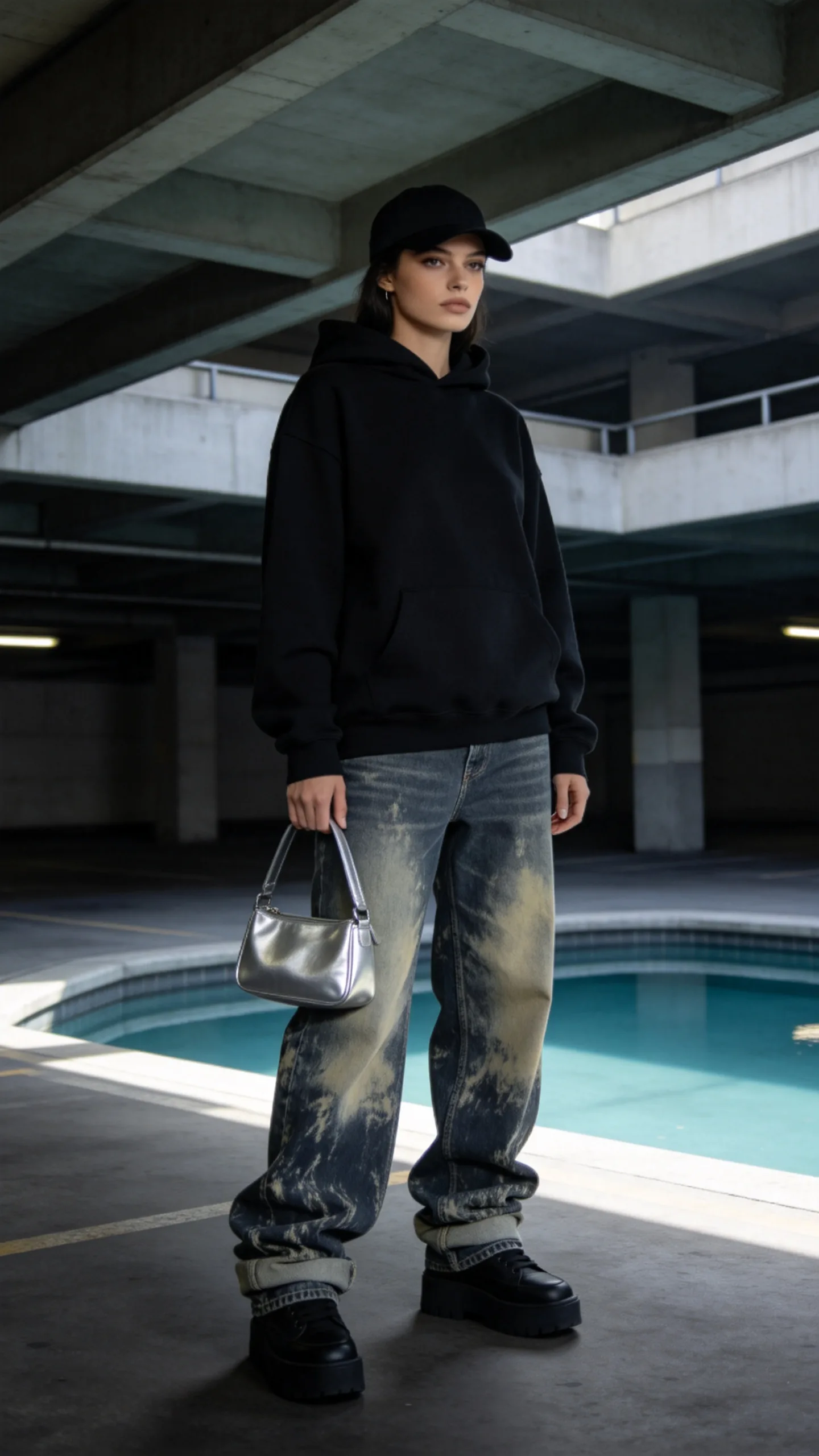 15. Acid-Wash Stacked Jeans With a Solid Black Hoodie