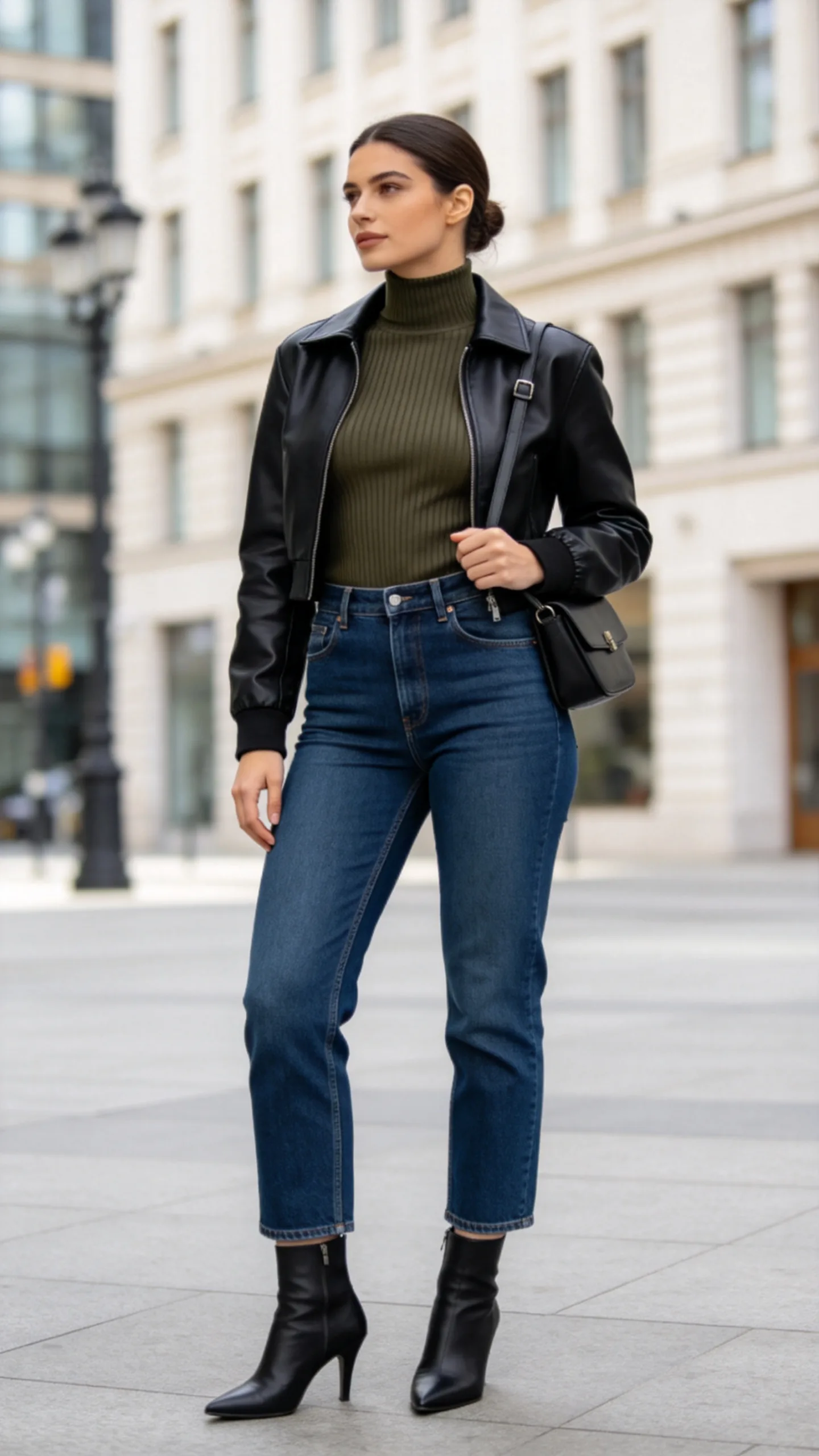 15. Barrel-Leg Jeans With a Fitted Knit and Bomber Jacket