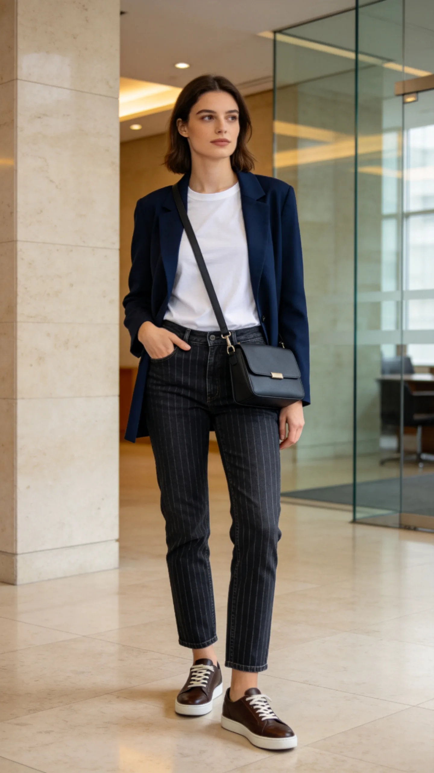15. Dark Striped Jeans With a Blazer and Sneakers