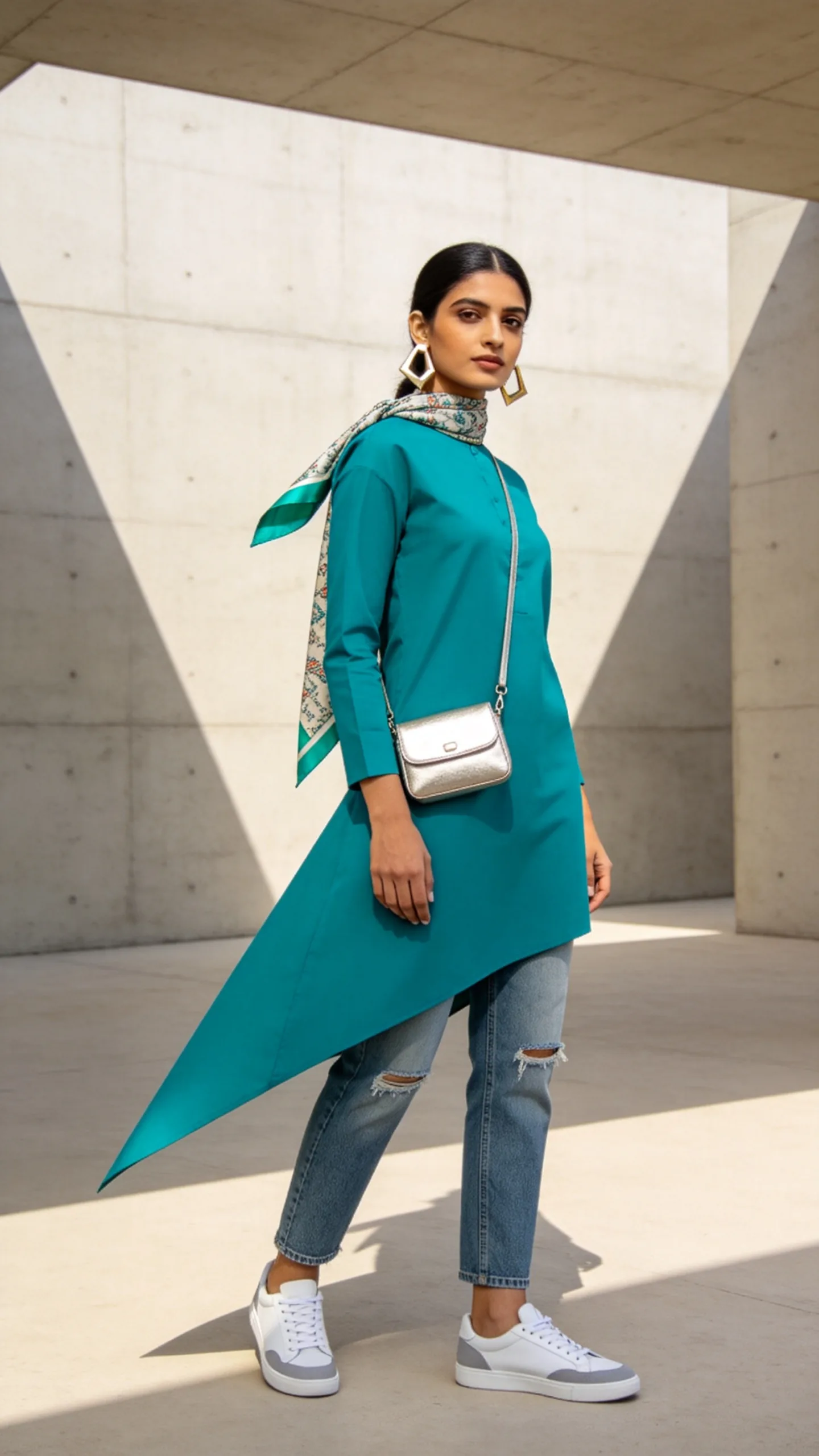 15. Teal Asymmetric Kurti With Ripped Jeans and Statement Earrings