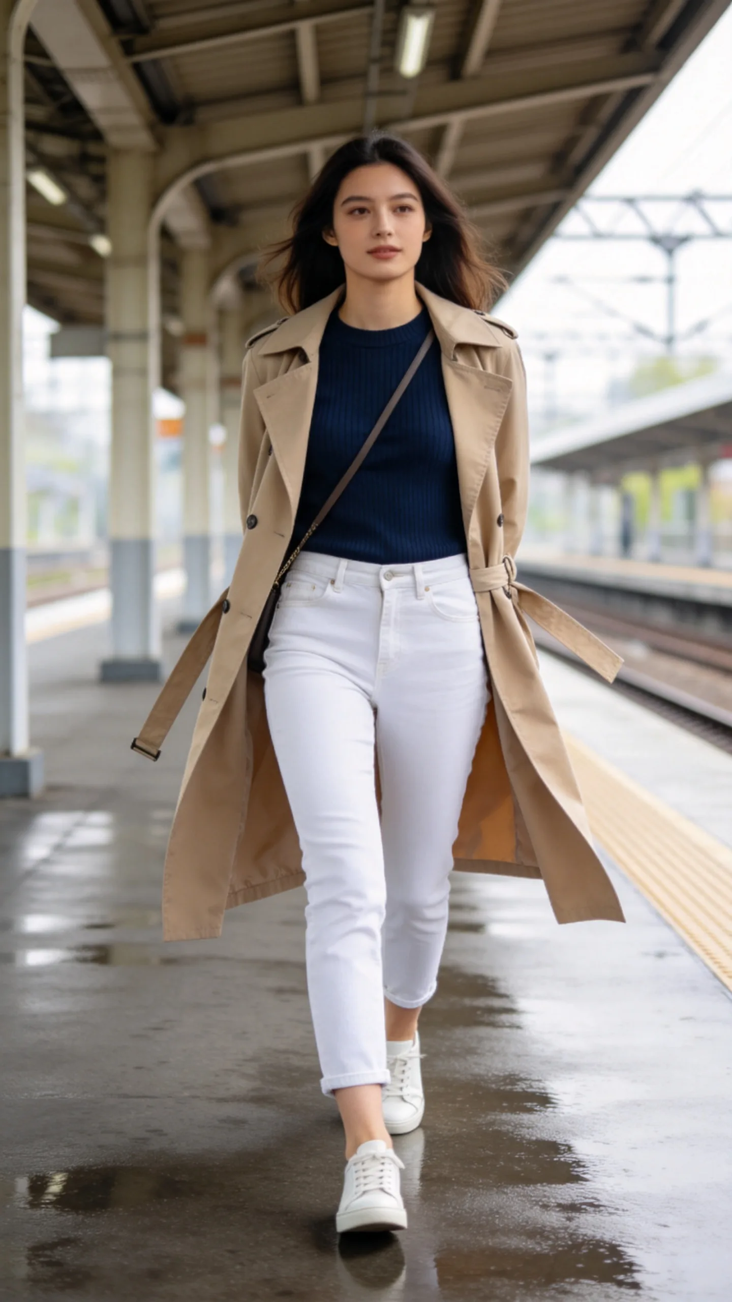 15. White Jeans With a Trench Coat and Sneakers