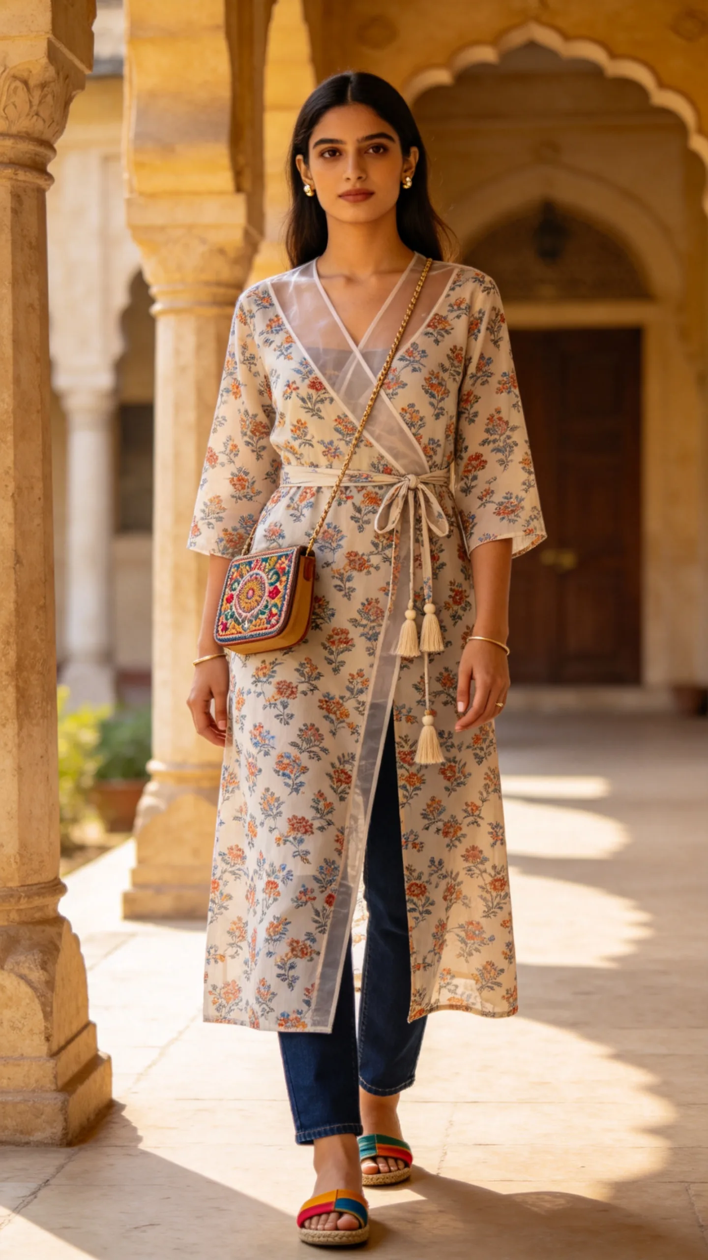 16. Angrakha-Style Kurti With Dark Blue Jeans