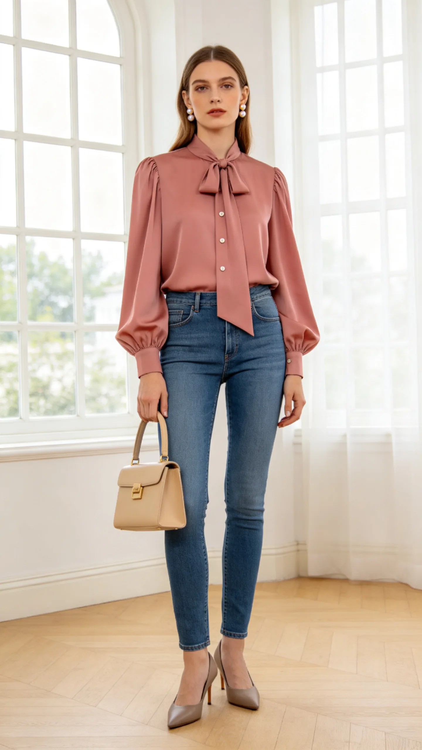 16. Blue Jeans With a Soft Pink Blouse