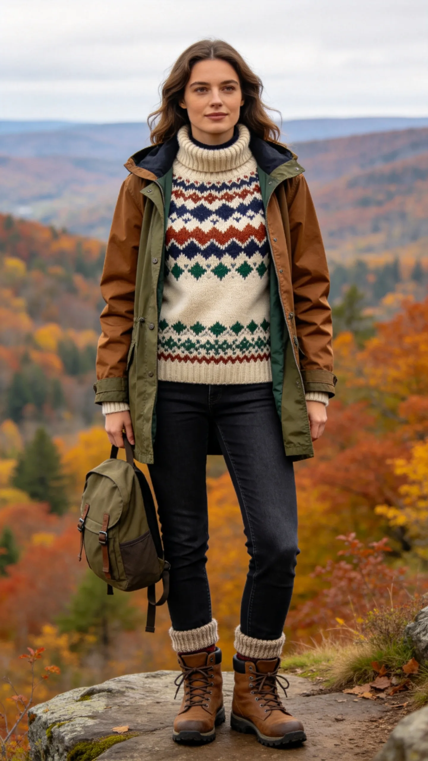 16. Dark Straight Jeans With a Fair Isle Sweater and Hiking Boots