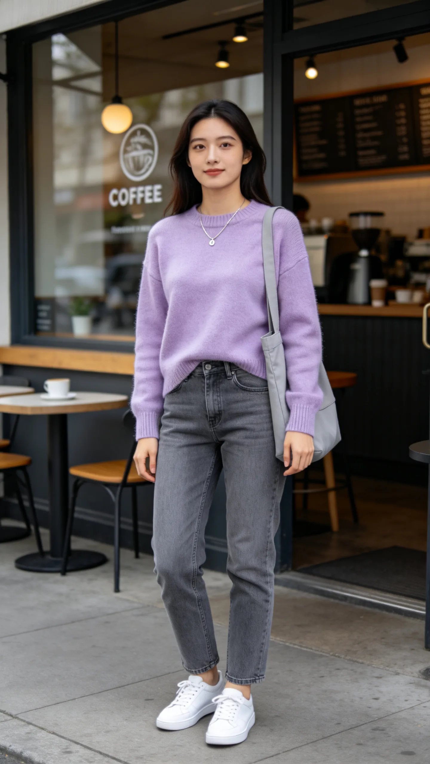 16. Gray Jeans With a Soft Pastel Sweater