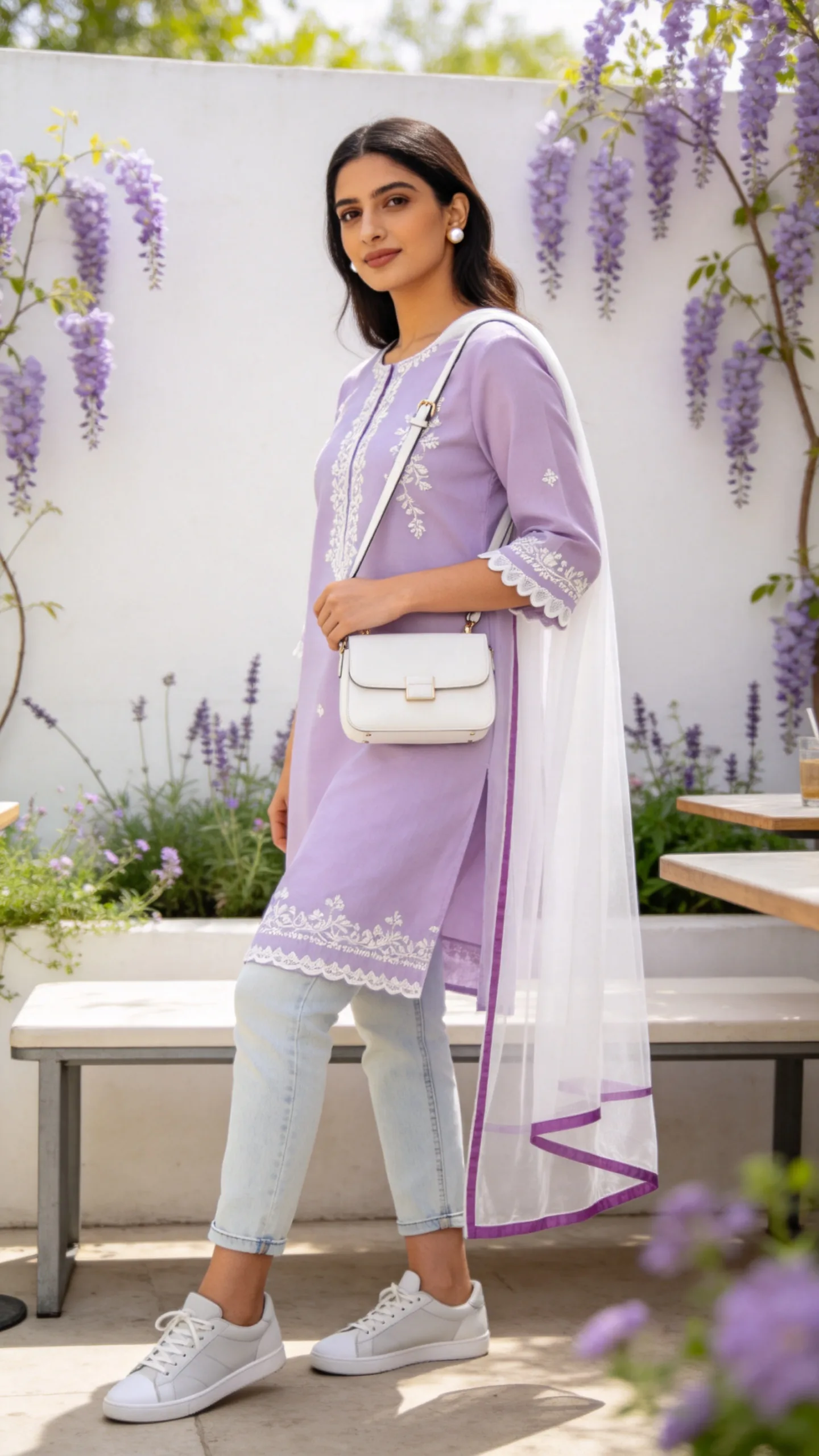 16. Lavender Kurti With Light-Wash Jeans and Pearl Details