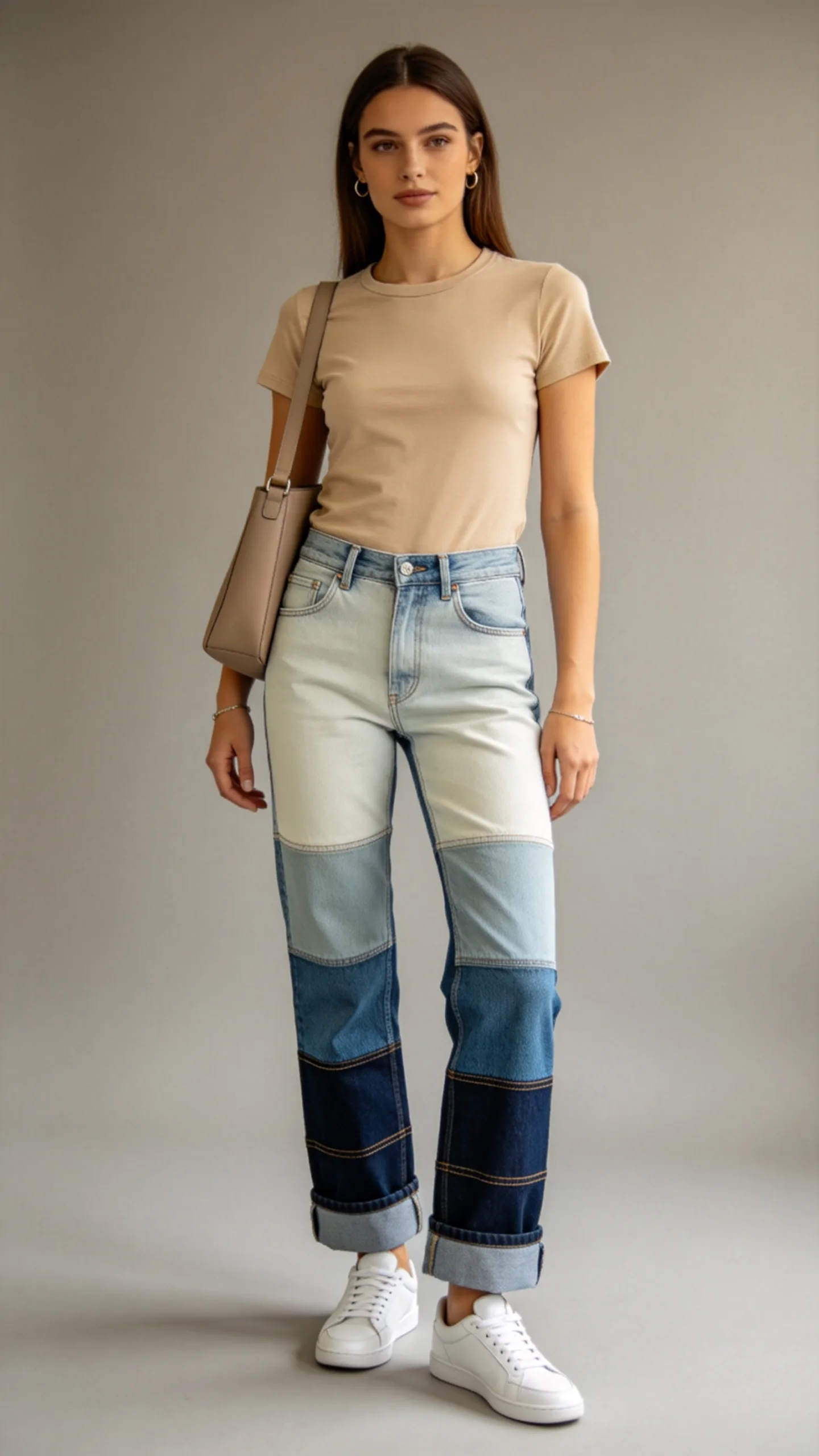 16. Patchwork Stacked Jeans With a Neutral Tee