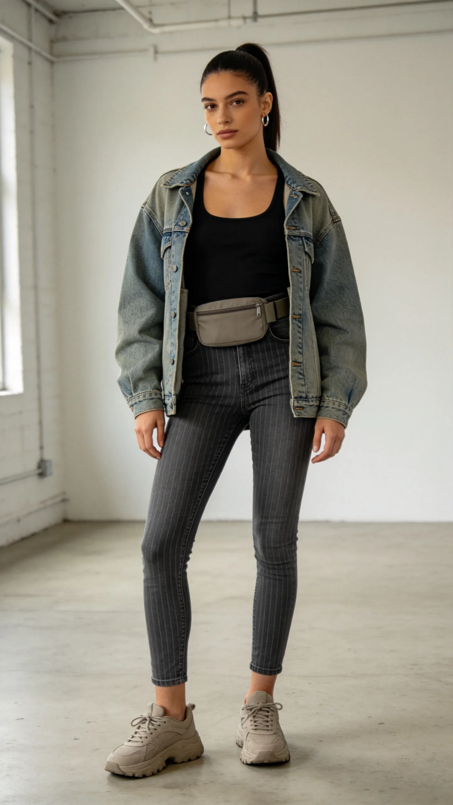 16. Striped Skinny Jeans With an Oversized Trucker Jacket