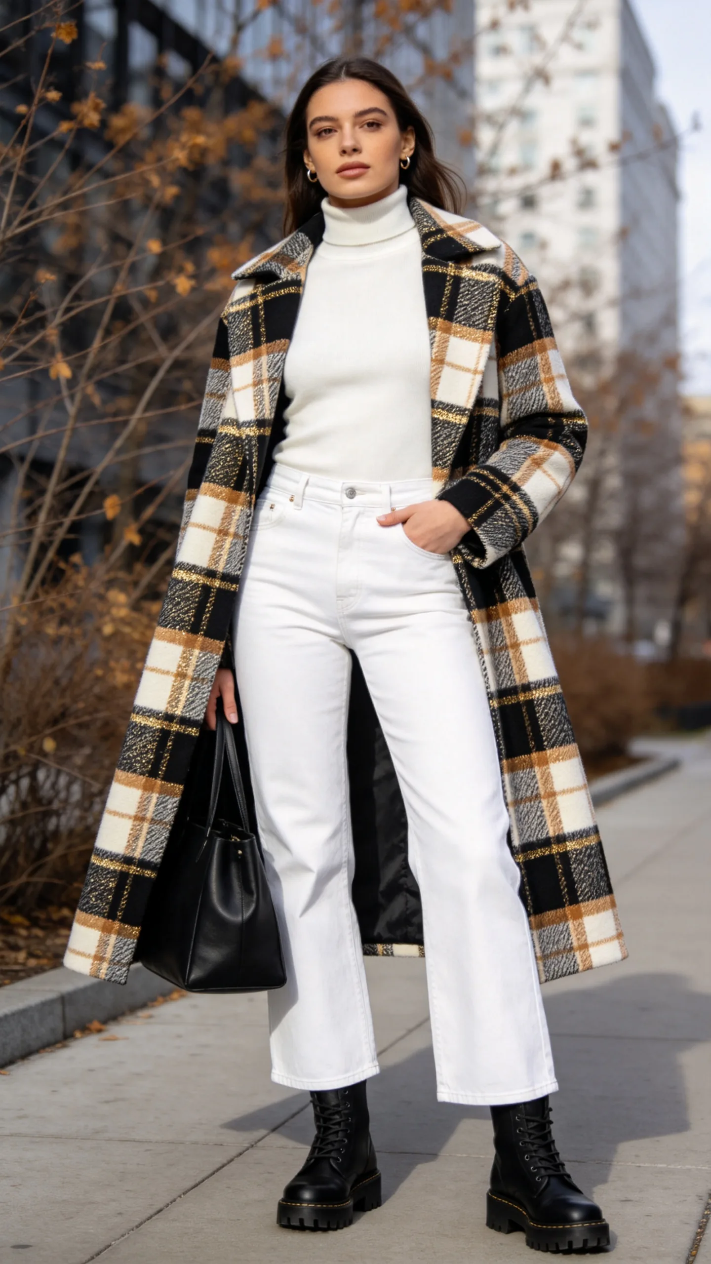 16. White Wide Leg Jeans With a Black Knit and Plaid Coat