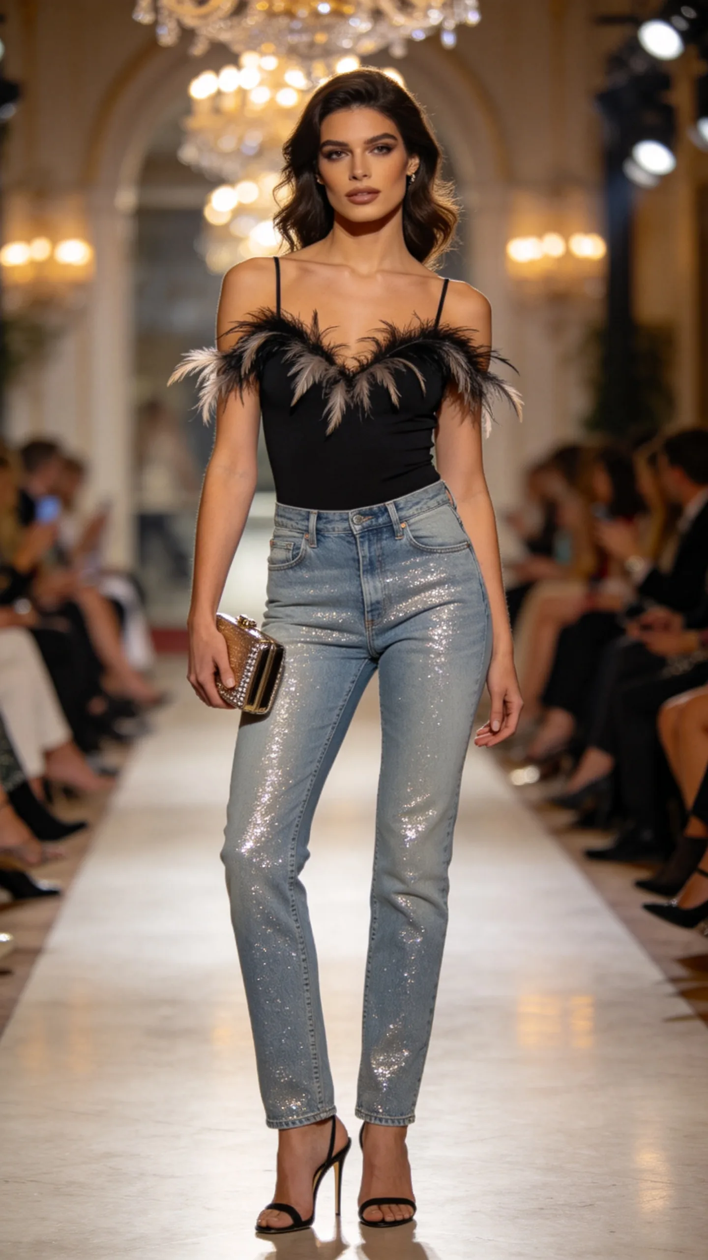 17. Glitter Straight-Leg Jeans With a Feather-Trim Top