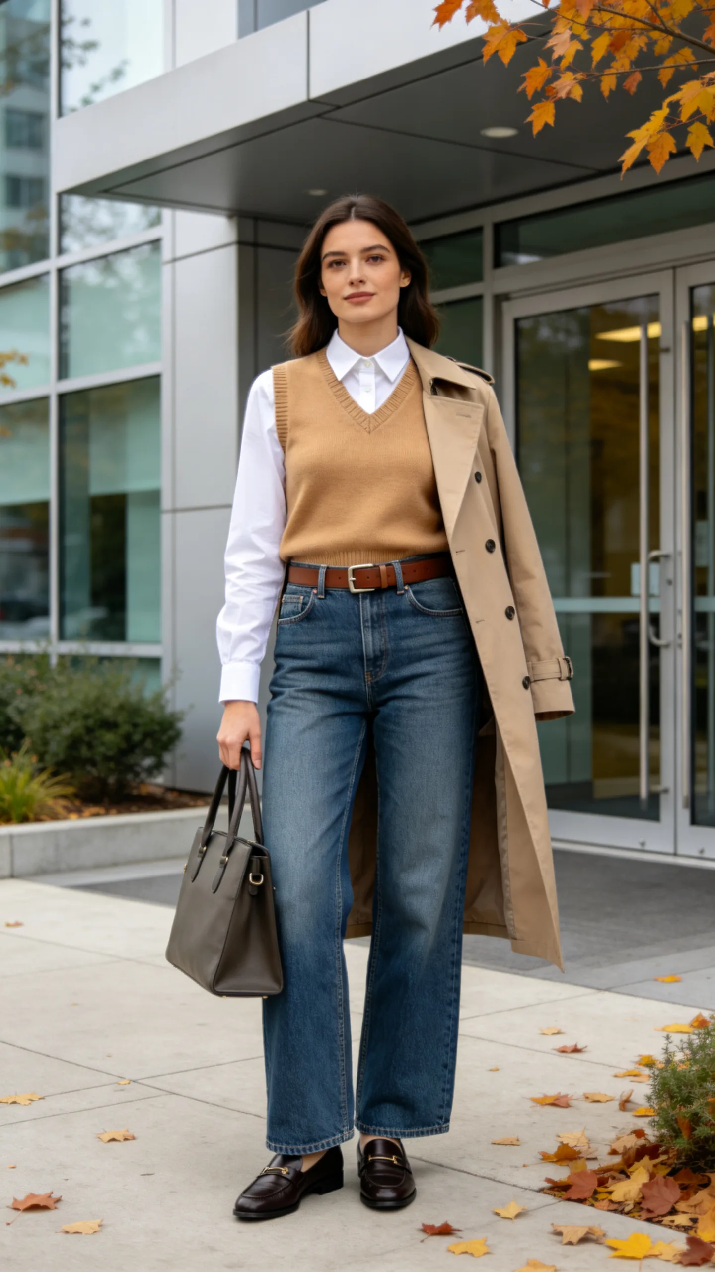 17. Medium-Wash Jeans With a Sweater Vest and Button-Down