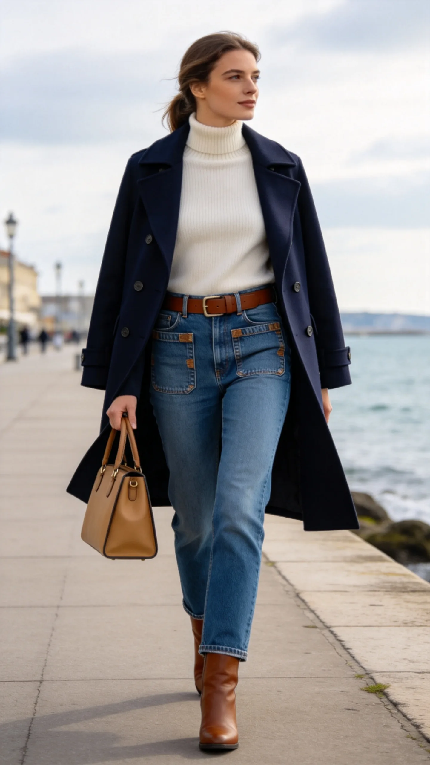 17. Patch-Pocket Jeans With a Mock-Neck Sweater and Peacoat