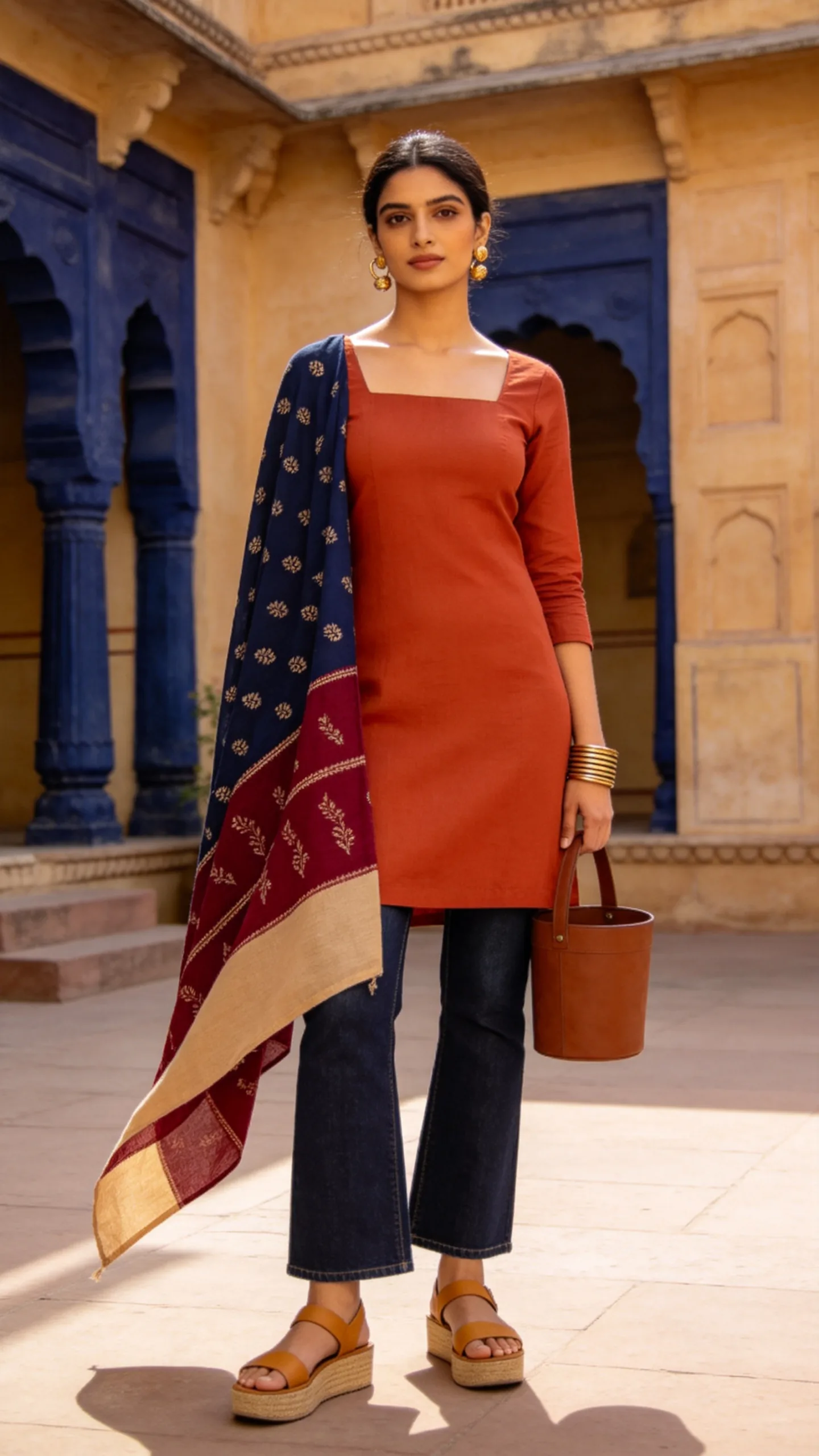 17. Rust Kurti With Bootcut Jeans and an Ajrakh Dupatta