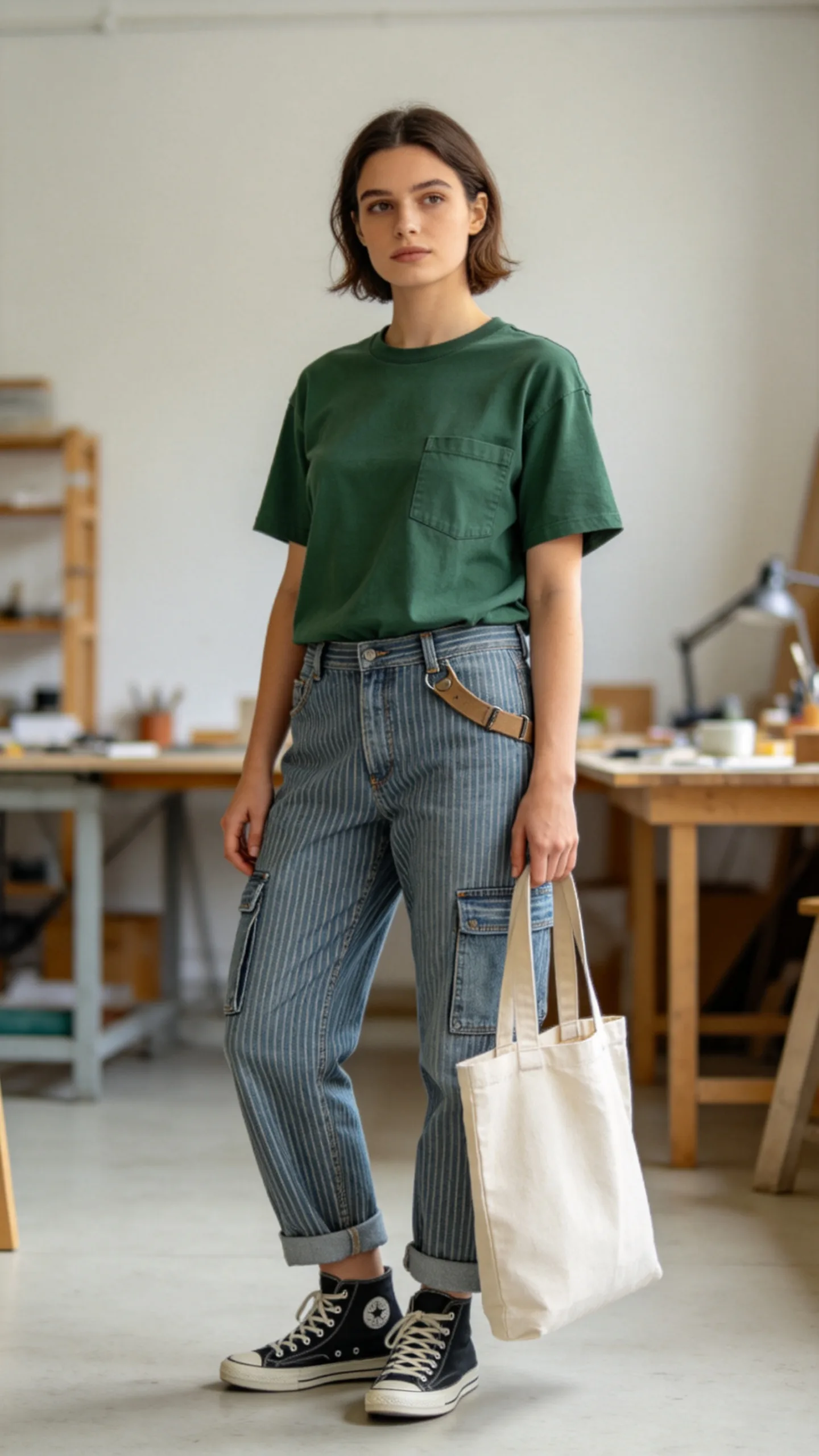 17. Striped Carpenter Jeans With a Pocket Tee